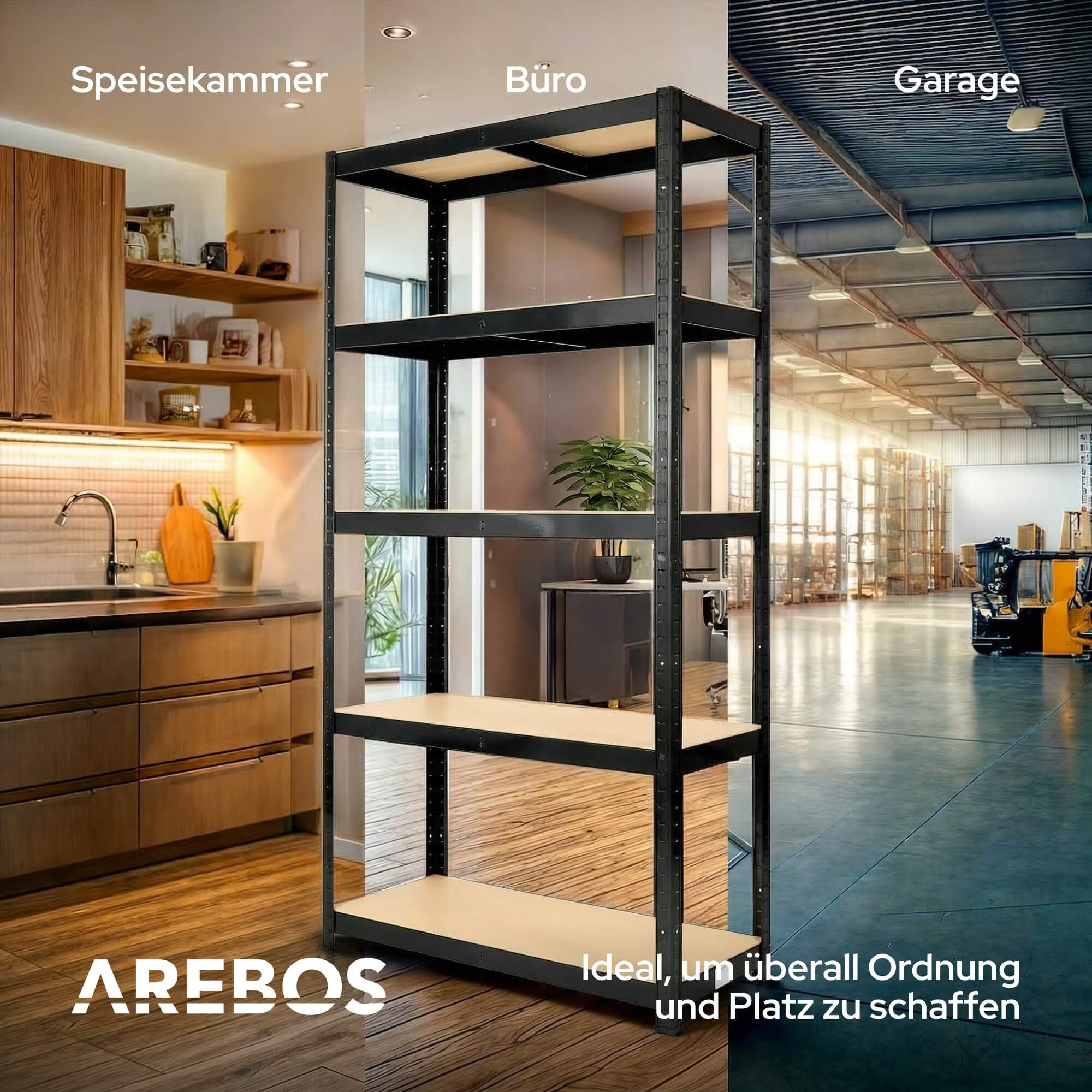 Arebos Schwerlastregal 180x90x40 cm, 5 Böden, 875 kg Traglast, Steckregal, Lagerregal, Stück, Flexibel einsetzbar: für Werkstatt, Garage, Keller oder Lager – Bild 4 von 5