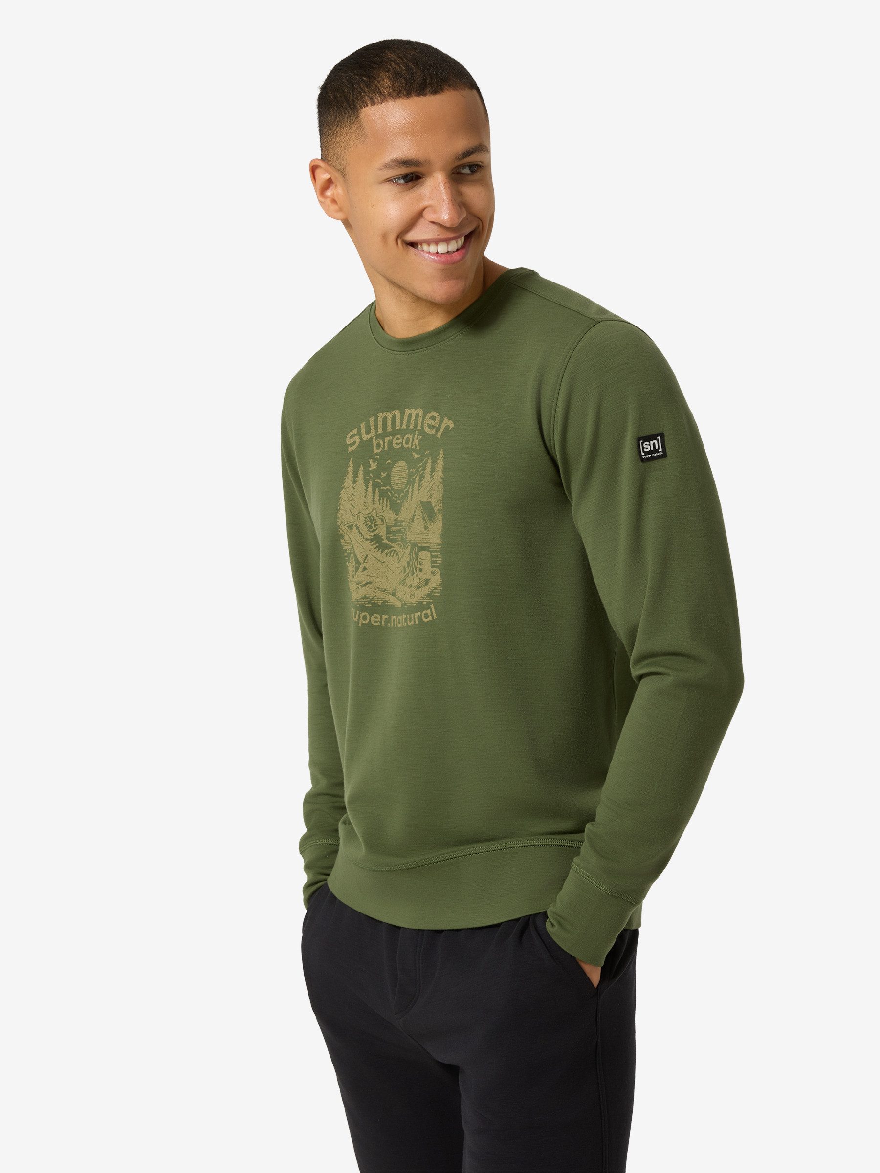 SUPER.NATURAL Sweatshirt für Herren,Merino M SUMMER BREAK CREW mit Sommer-Motiv, atmungsaktiv