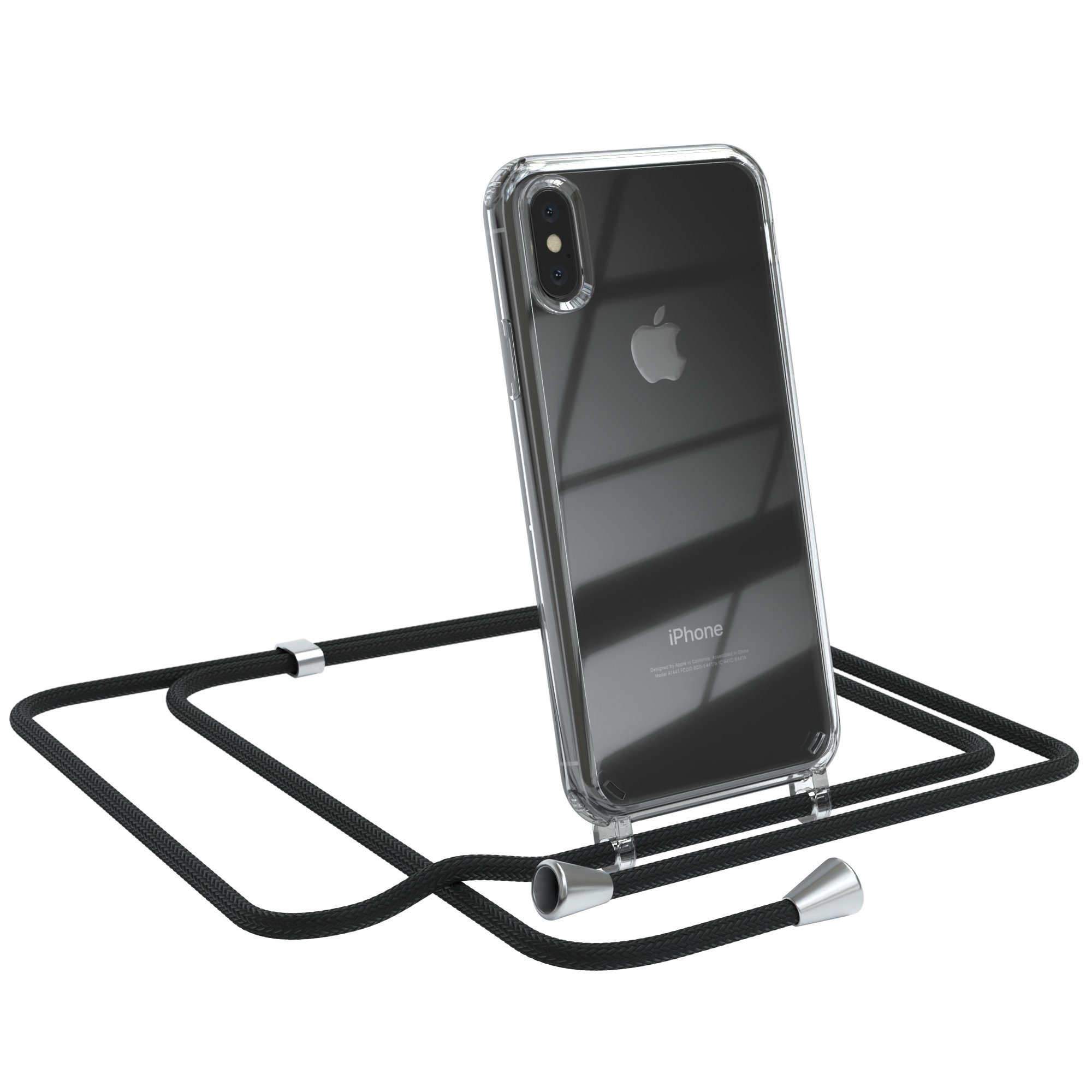 EAZY CASE Handykette Hülle mit Kette für Apple iPhone X / XS 5,8 Zoll, Handykette Hülle mit Band Slimcover Schutzhülle Schwarz Clips Silber