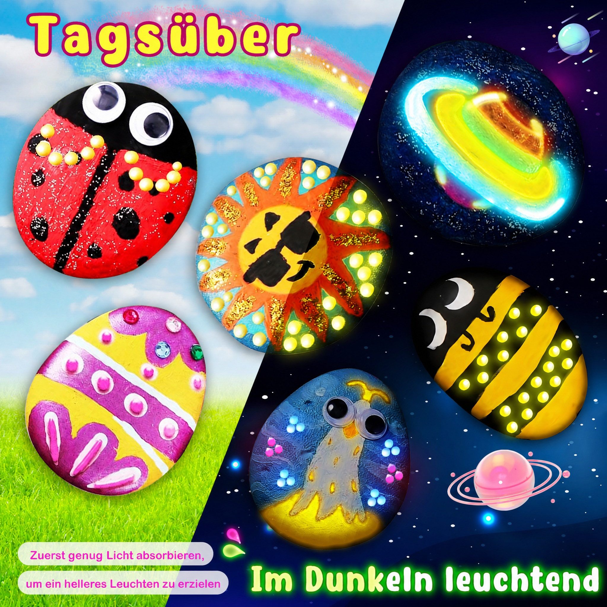 Wootoy Kreativset Steine-Bemalset Experimentierkasten 12 Steine zum Bemalen DIY Set, (mit Leuchtfarben Glitzerkleber Stickern und Kreativzubehör, 1-tlg., Glow-in-the-Dark-Farben erzeugen beeindruckende Leuchteffekte), Attraktive Geschenkidee für kreative Kinder Bastelprojekte Geburtstage