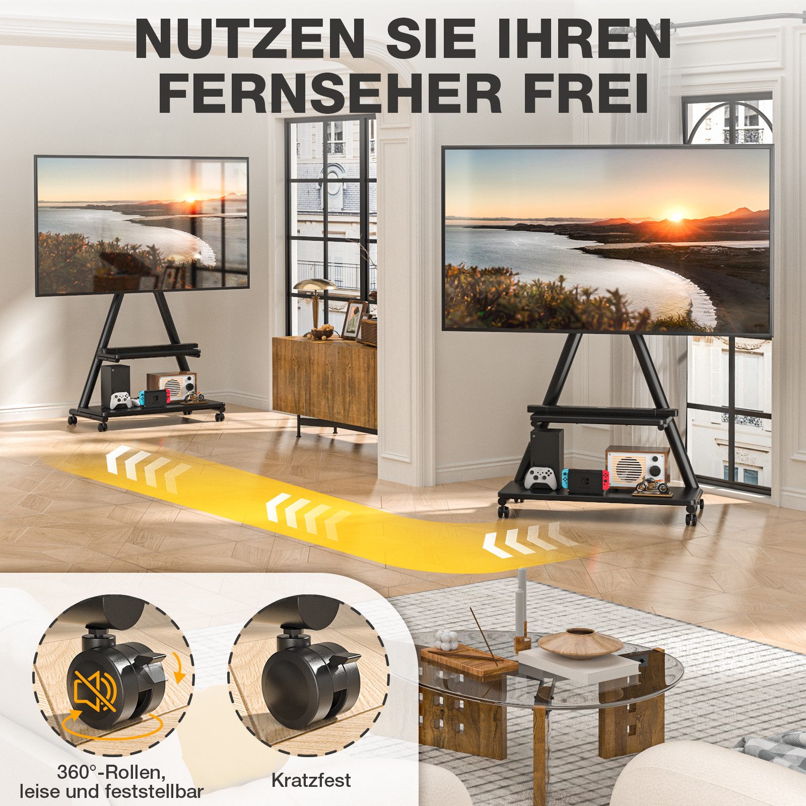 TVON TV-Ständer Rollständer für Fernseher Höhenverstellbar für 32-80 Zoll Fernseher, (bis 80 Zoll, 1-tlg., bis zu 68 KG Max. VESA 600 x 400 mm) – Bild 4 von 5