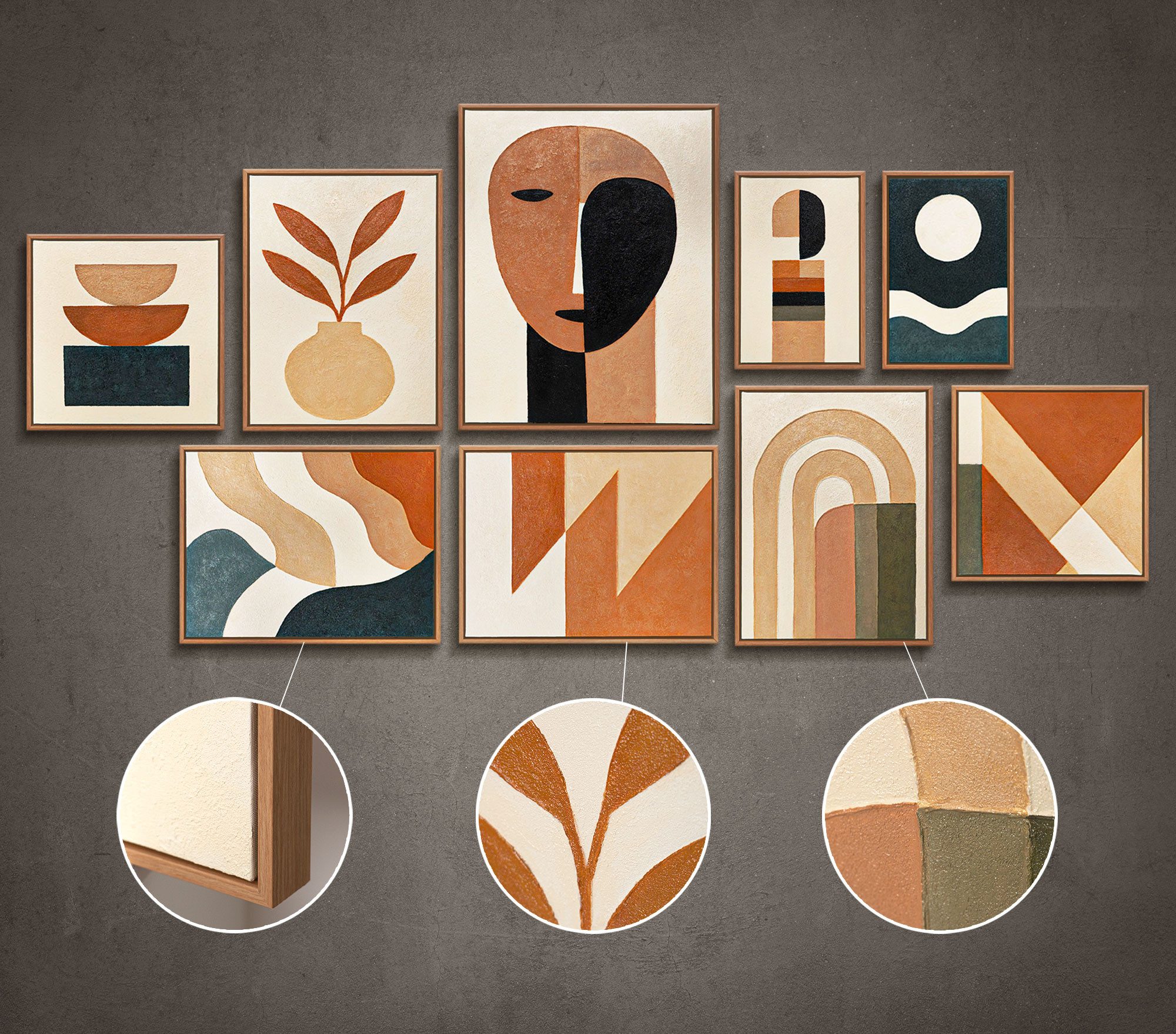 YS-Art Gemälde "Harmonie der Formen", Geometrische Formen (Set, 9 St), Wandbilder Set Modern Abstrakt Design-Statement für moderne Wohnräume