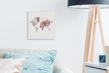 OneMillionCanvasses® Leinwandbild Weltkarte - Rot - Grau, (1 St), Leinwand Bilder für Wohnzimmer Schlafzimmer