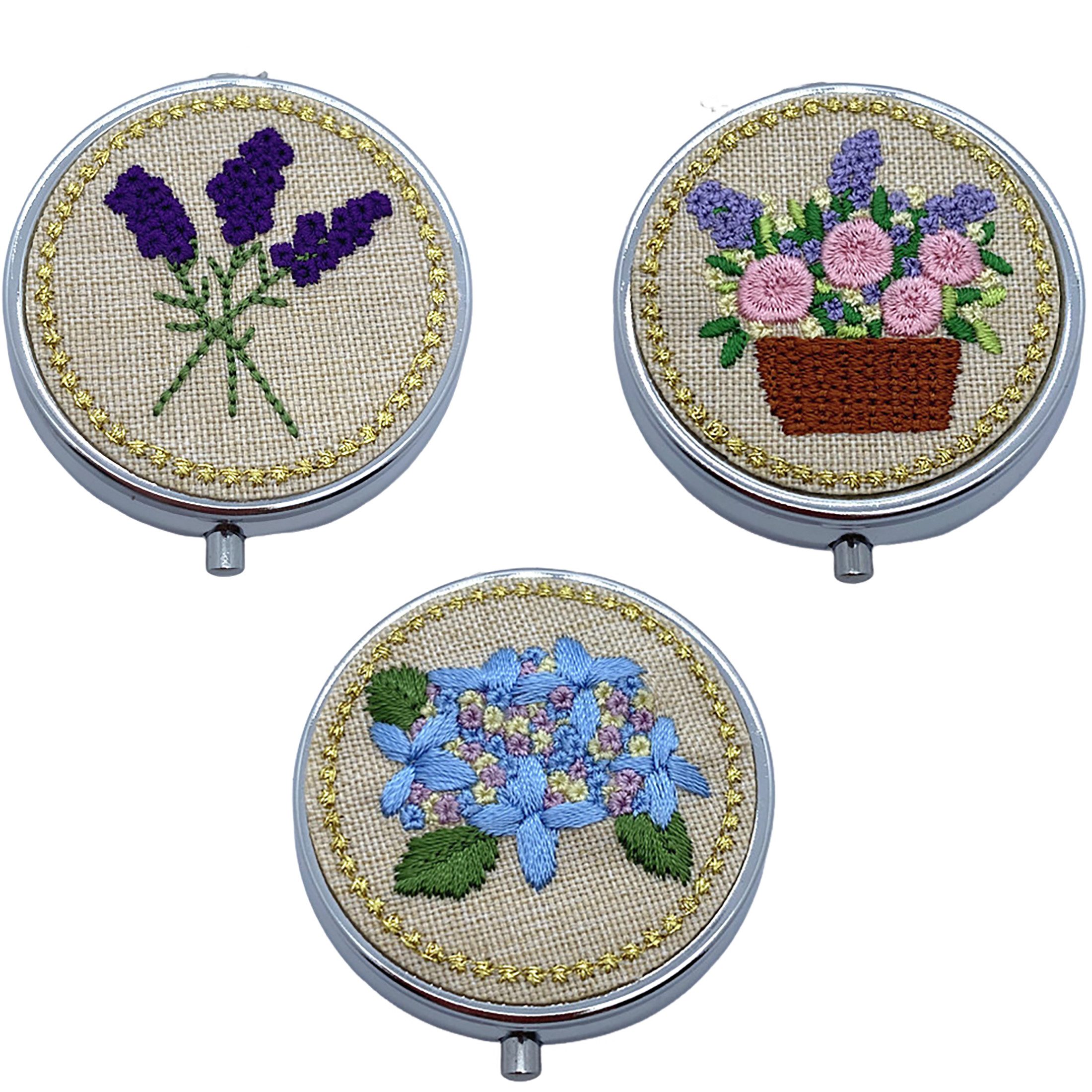 The Beauty House Pillendose Pillendose mit Spiegel und gestrickten Blumen Medikamentenbox Dose, Kleine Tablettendose für Unterwegs, Reise-Pillenspender Tablettenbox