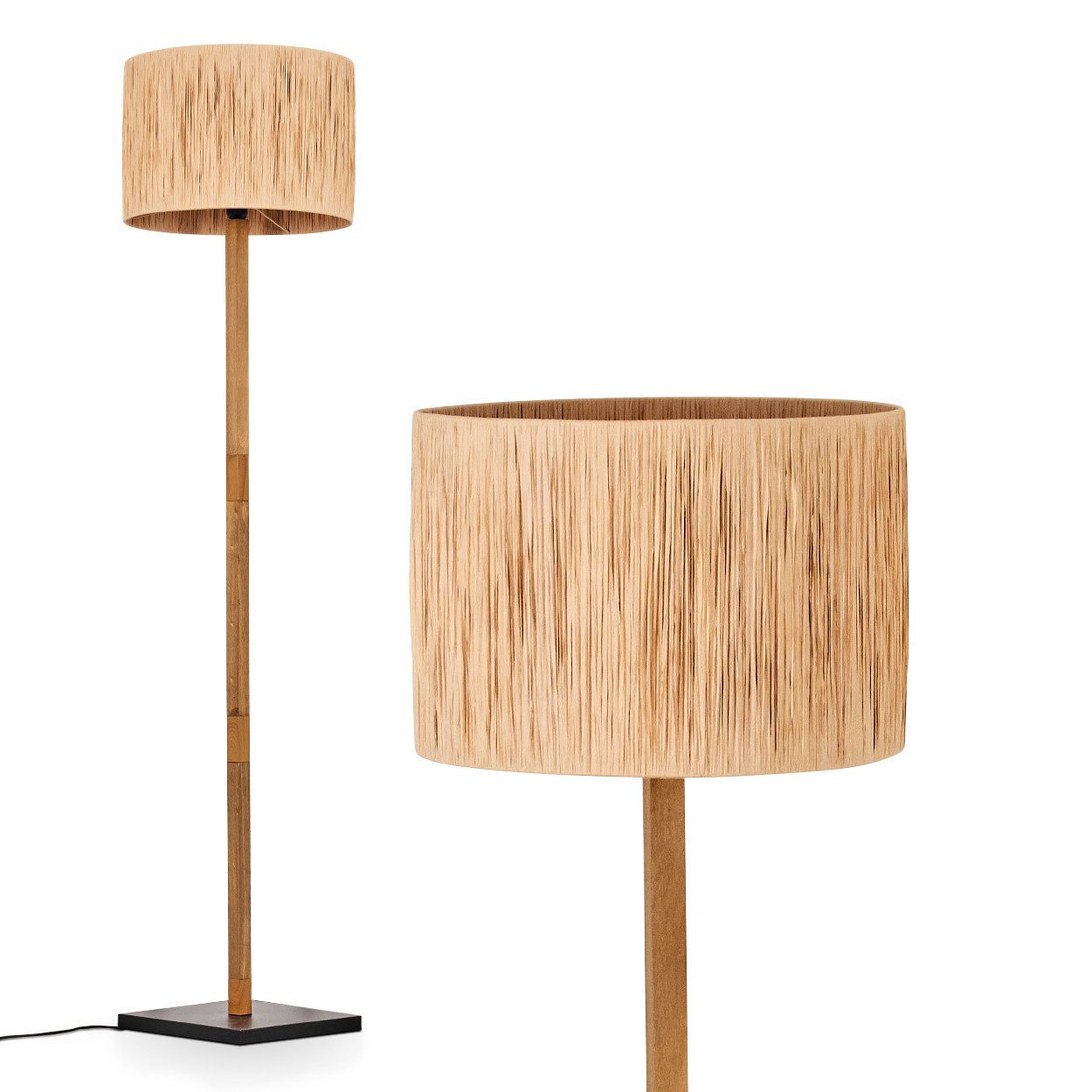 Stehlampe Stehlampe mit Holzfuß und Schirm aus Bast