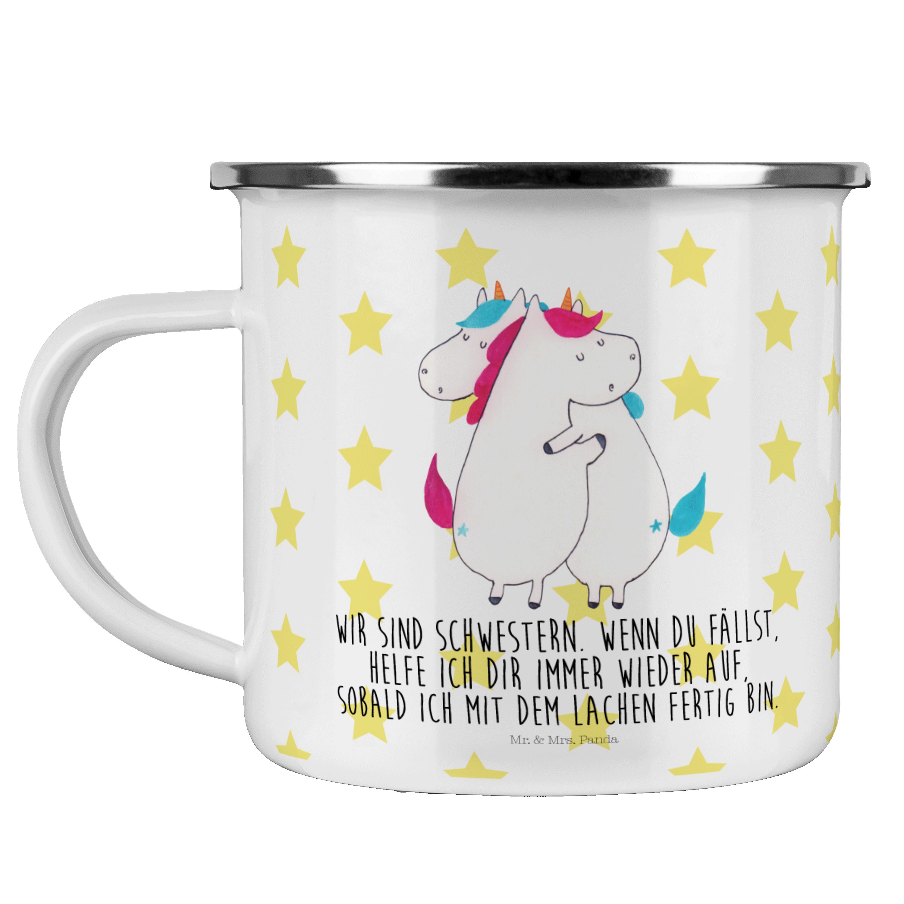 Mr. & Mrs. Panda Becher Einhörner Umarmen - Weiß - Geschenk, Unicorn, Emaille Campingbecher, Emaille