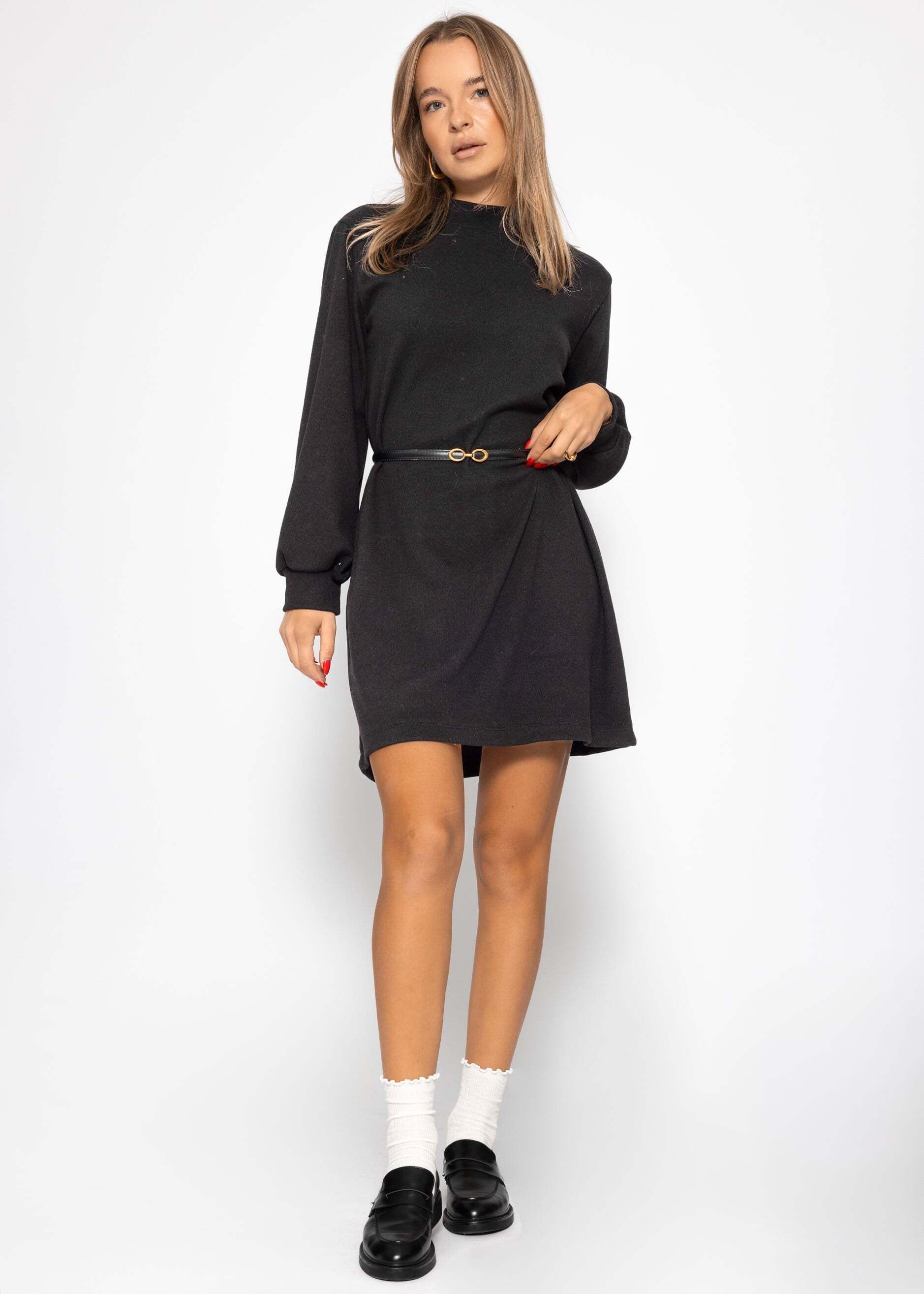 SASSYCLASSY Midikleid Sweatkleid mit Stehkragen für Damen Lässiges Kleid im Oversized Fit Braun Schwarz Beige Grau Dunkelblau – Bild 3 von 5