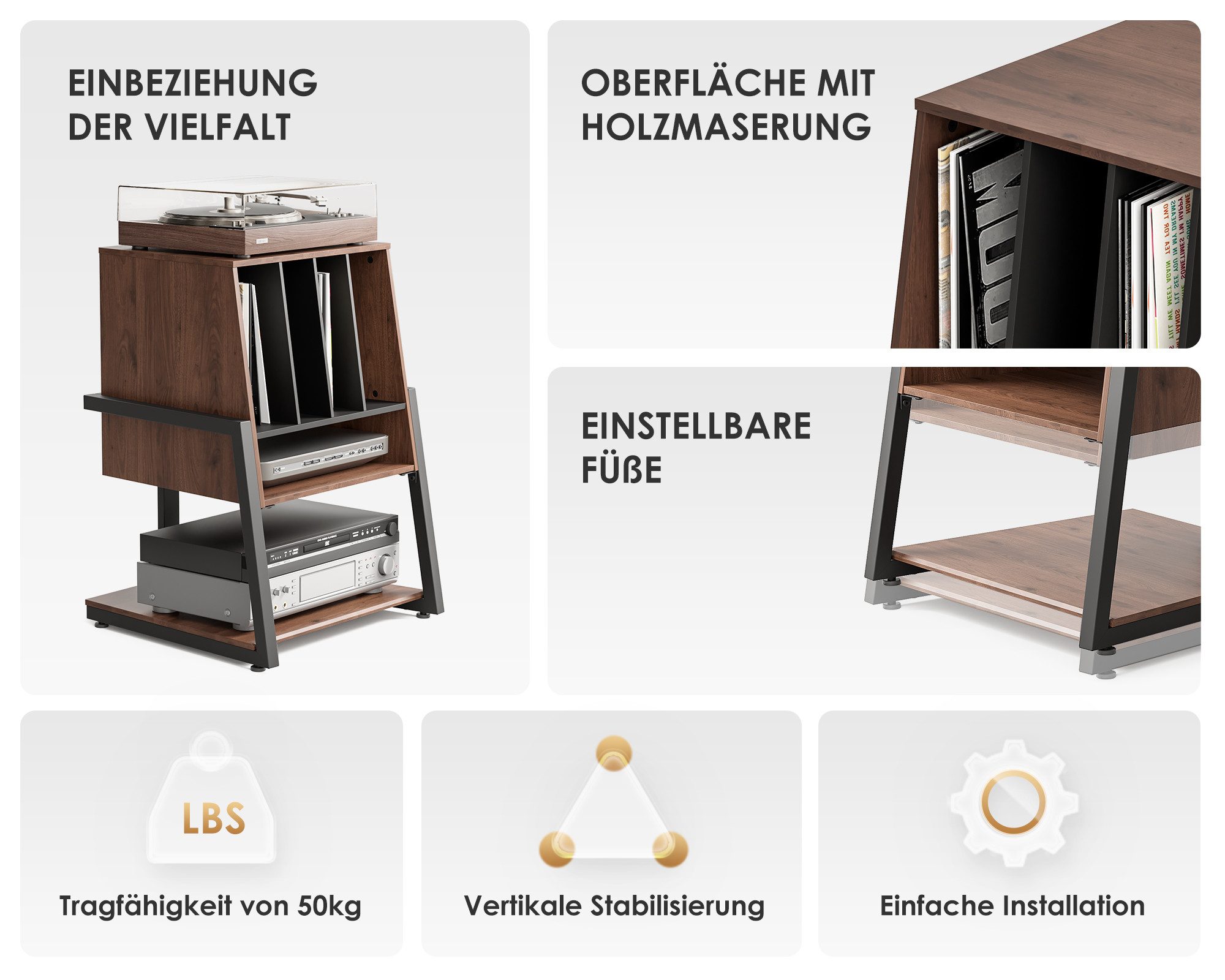 FITUEYES TV-Regal HIFI Rack mit 5 Fächern, 78 cm hoch, Stauraum für 120 Schallplatten, rutschfeste Füße, für Rollen nachrüstbar – Bild 5 von 5
