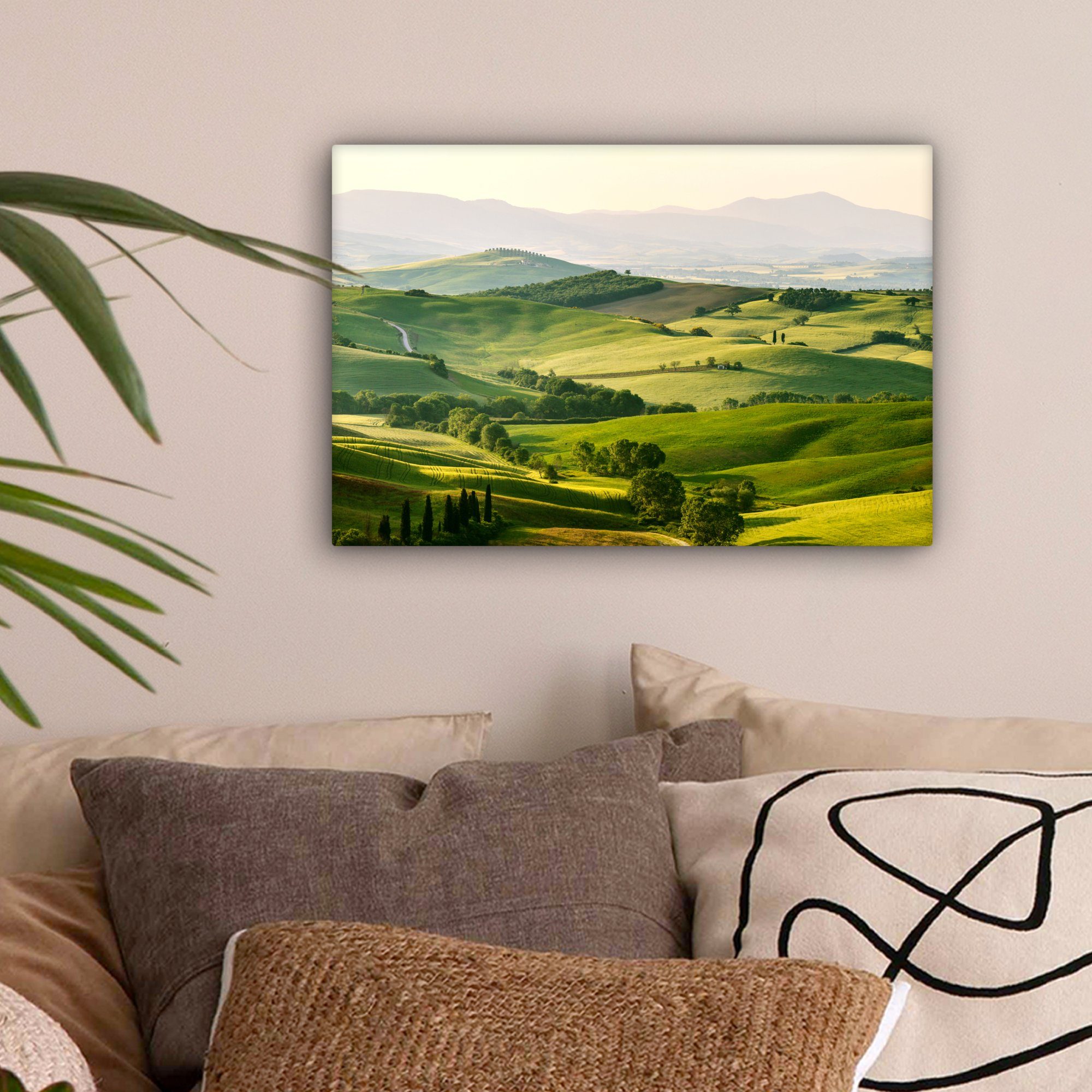 OneMillionCanvasses® Leinwandbild - Aufhängefertig, (1 Natur St), - - Leinwandbilder, Wanddeko, Wandbild 30x20 Grün cm Toskana Landschaft