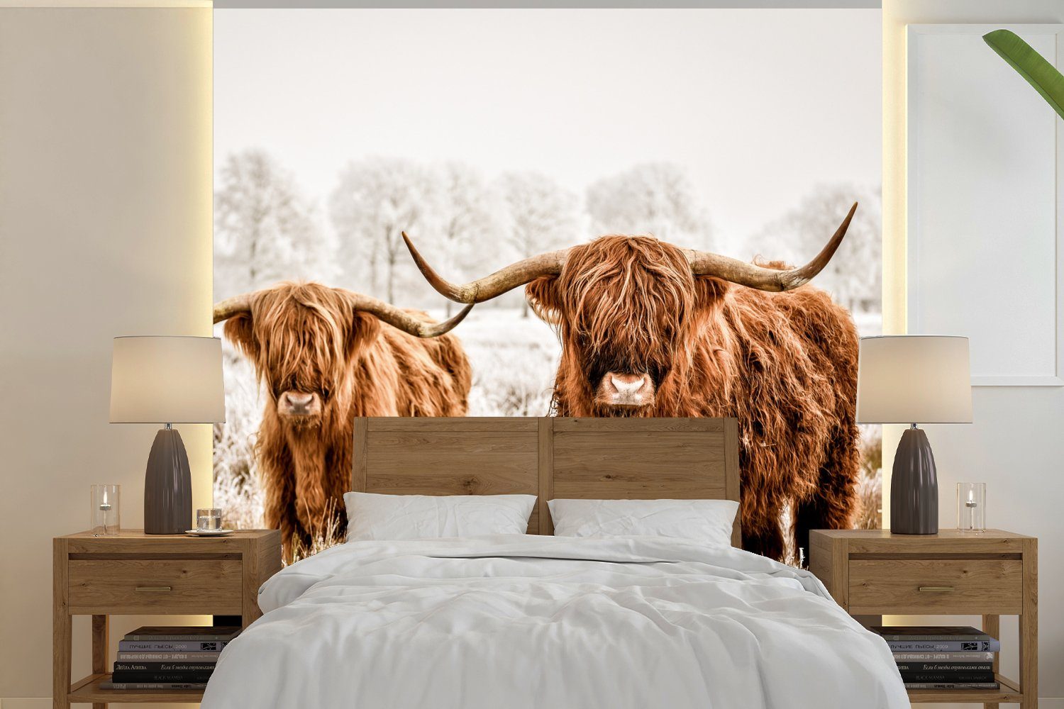 MuchoWow Fototapete Schottischer Highlander - Kuh - Tiere, Matt, bedruckt, (4 St), Vliestapete für Wohnzimmer Schlafzimmer Küche, Fototapete