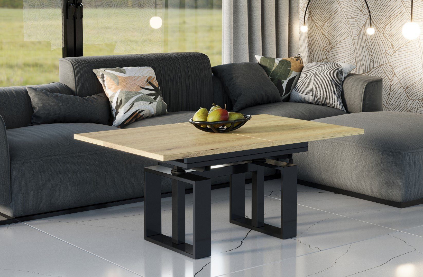 Design, Metall, und umwandelbar Esstisch, 110-170cm höhenverstellbar Couch- Funktionstisch, & ausziehbar Eiche Endo-Moebel Natur Empoli - modern Couchtisch Doppellift