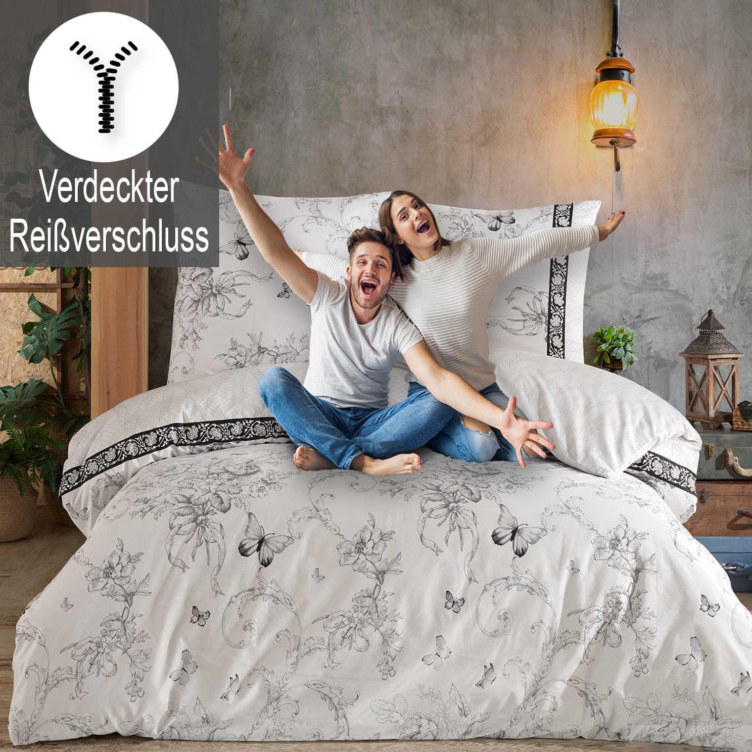Buymax Bettwäsche Alegra, Renforcé: 100% Baumwolle, 2 teilig, 135x200 cm mit Reißverschluss, Geblümt Schmetterlinge, Schwarz Weiß