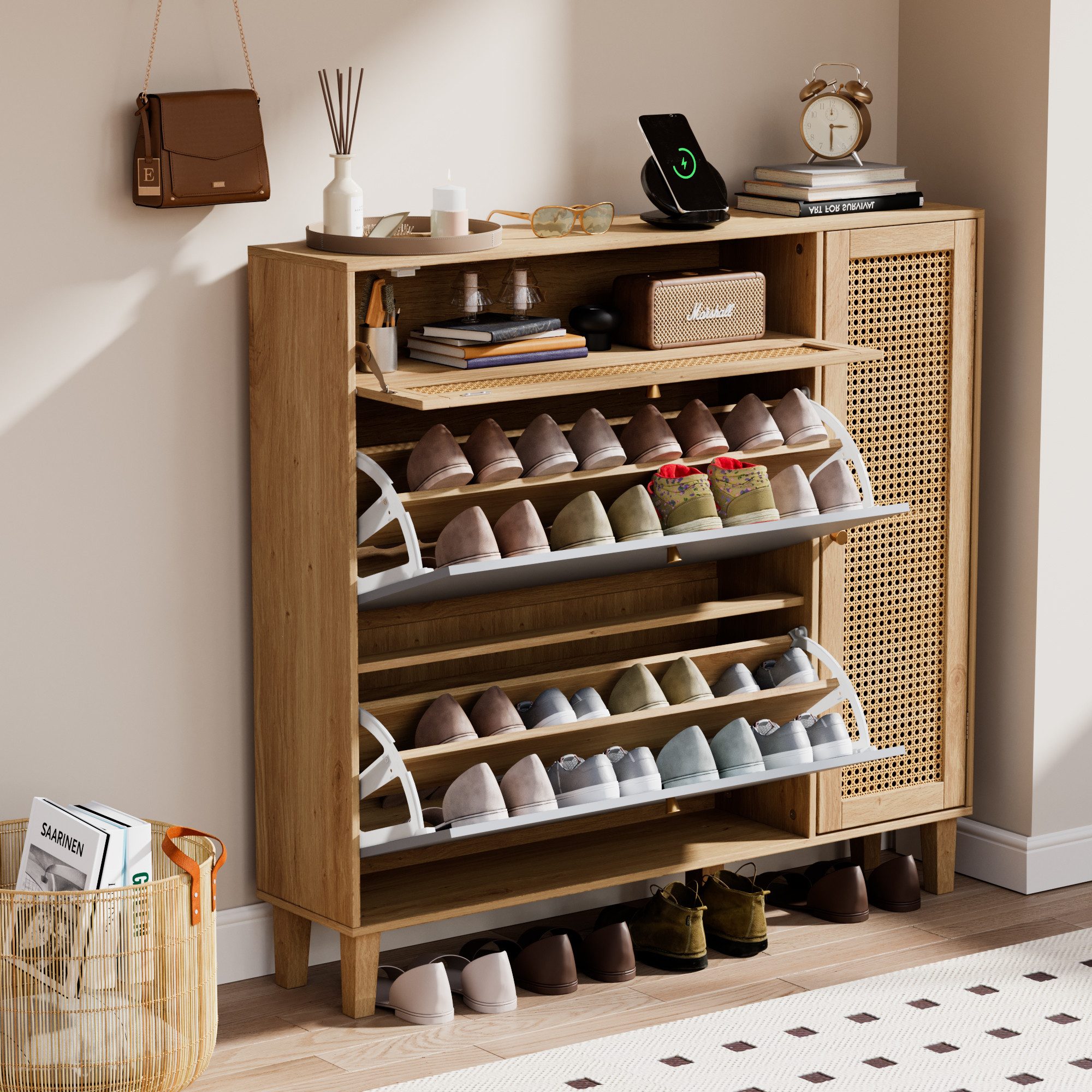 UEV Schuhschrank mit 4 Klappen 107x24x105cm, Schuhkipper schmal ratten platzsparend (Packung, Schuhkommode im Flur) verstellbare und herausnehmbare Trennwände für Verschiedene Schuhtypen