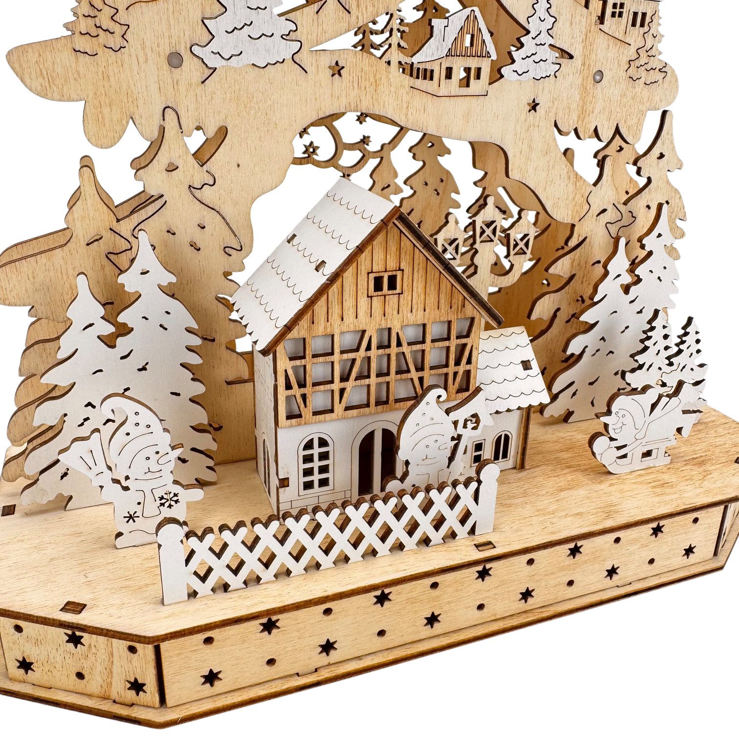 Online-Fuchs Lichterbogen mit LED-Lichterkette & 6-Stunden Timer - Lichterspitze Weihnachtsdeko, liebevoll gestaltete Winterlandschaft mit süßen Schneemännern – Bild 3 von 5