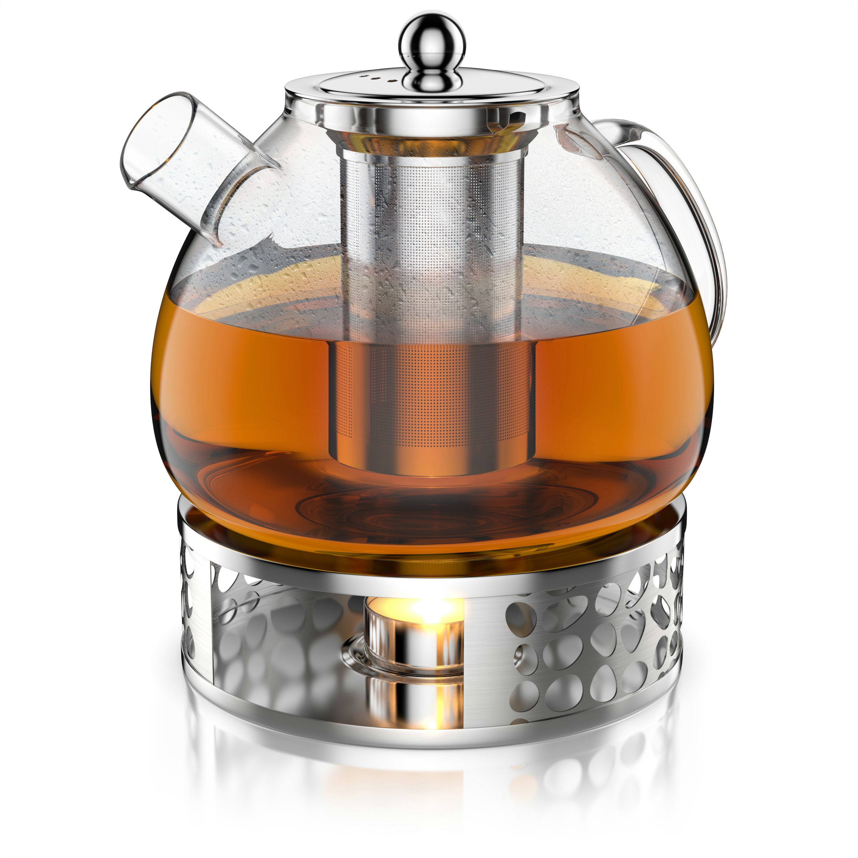 Arendo Teekanne Glas Teebereiter mit Stövchen, Sieb für losen Tee, Kräuter, Früchtetee, 1,5 l, (Set, Glaskanne, Teesieb, Rechaud), Borosilikatglas, Tischkocher, Edelstahlsieb, hitzebeständig, Geschenk
