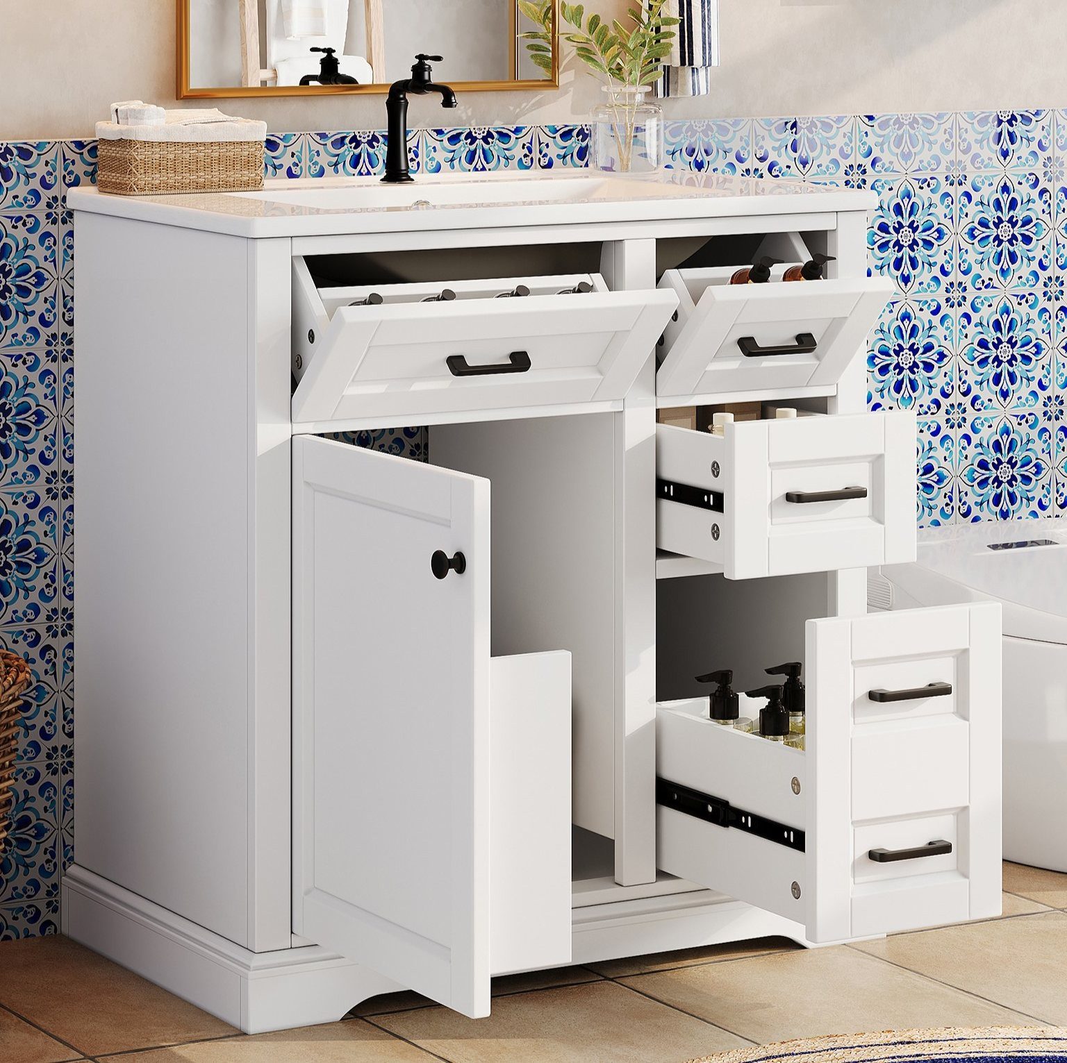 OKWISH Waschbeckenunterschrank Badezimmerschrank Badmöbel (mit Keramikwaschbecken, Soft-Close-Türen und zweistufigem Seitenauszug, bodenstehender, Badschrank mit praktischem Türregal)