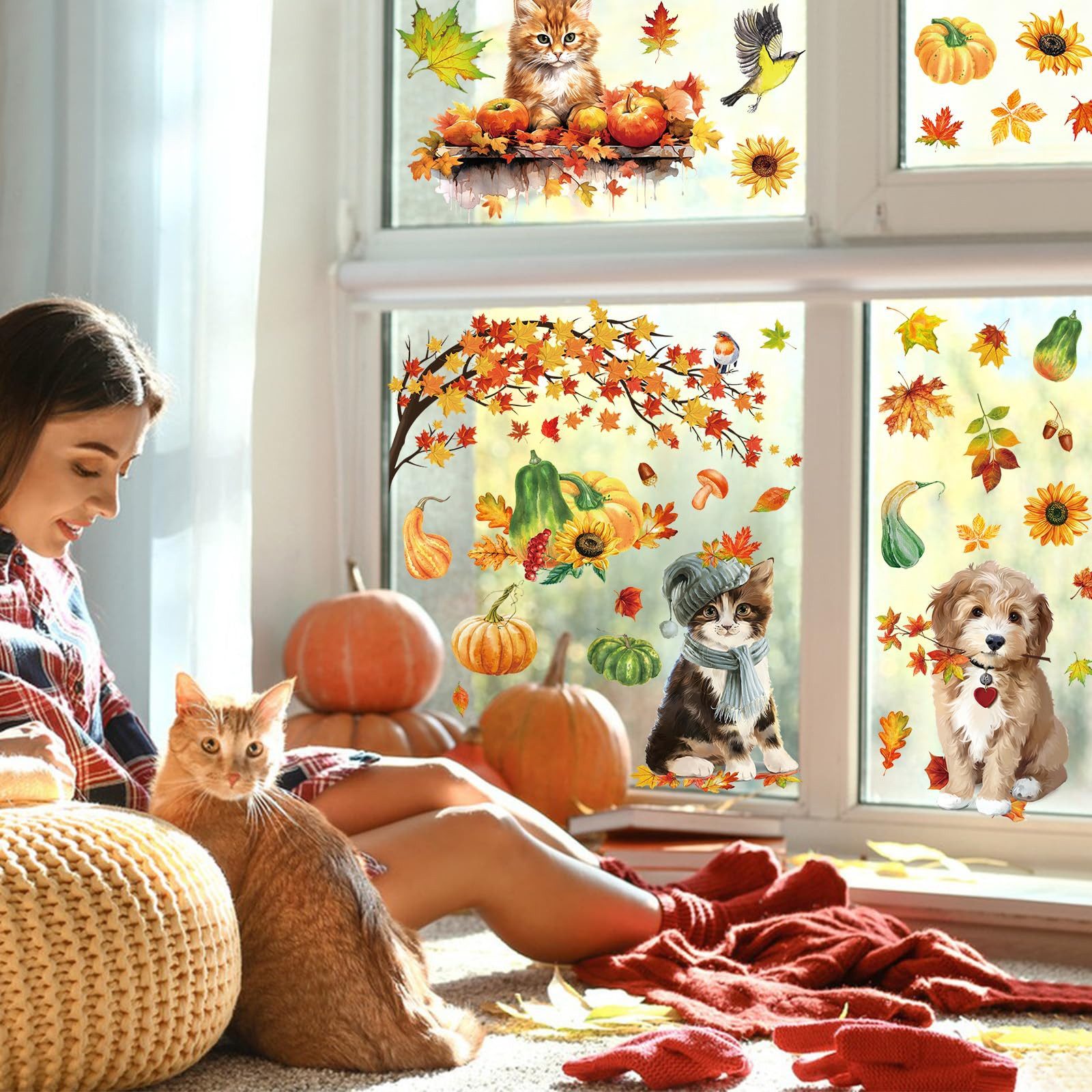 Sorvyzxn Fensterfolie Fensterbilder Herbst, Autumn Fensterbild Selbstklebend, Herbstdeko, Fenster Sticker Kinder, Fensteraufkleber Herbstliche Blätter – Bild 3 von 5