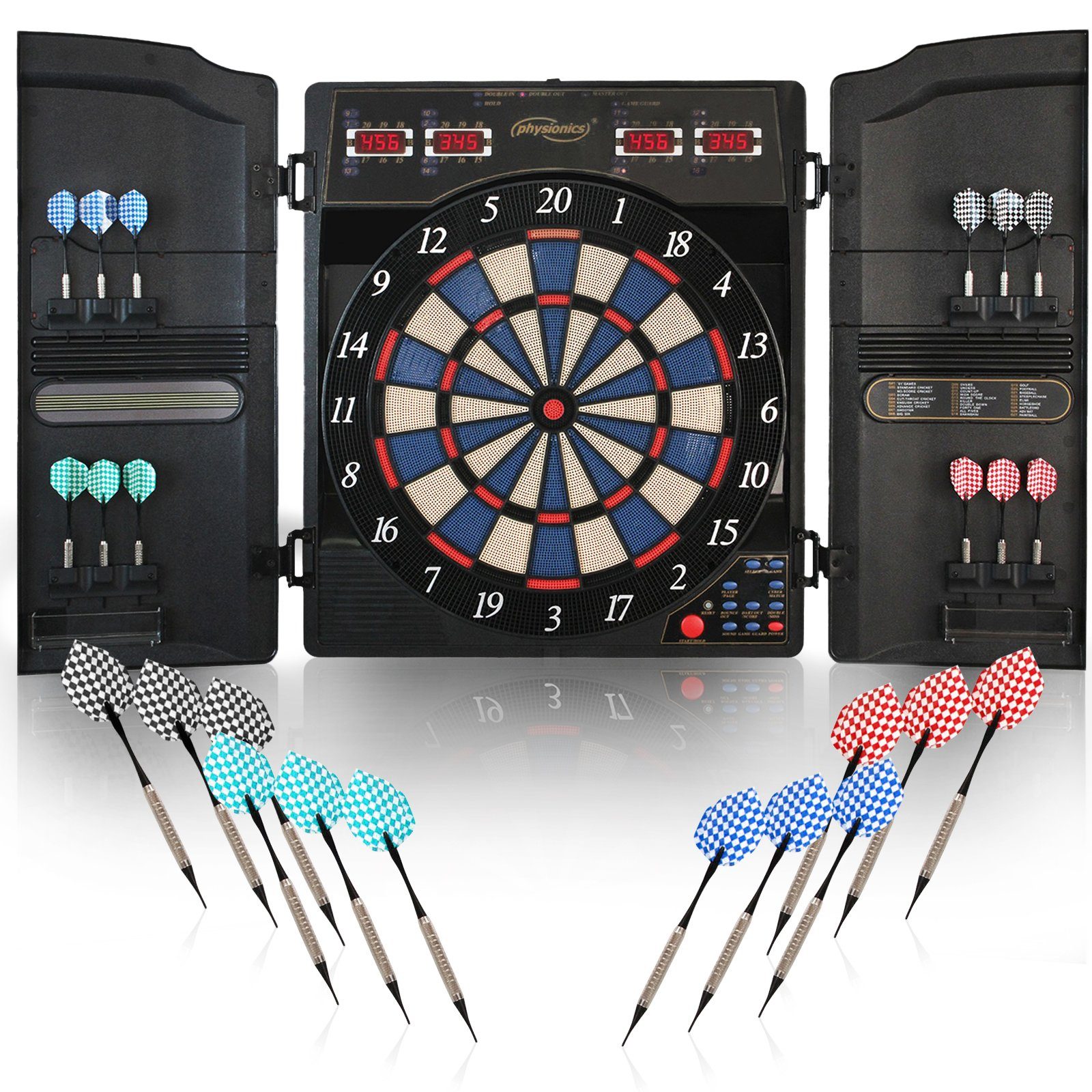 12 Dart-Scheibe Profi Pfeile Dartspiel Physionics Modell-mitTüren Elektronisch E-Dartboard Soft Dartscheibe