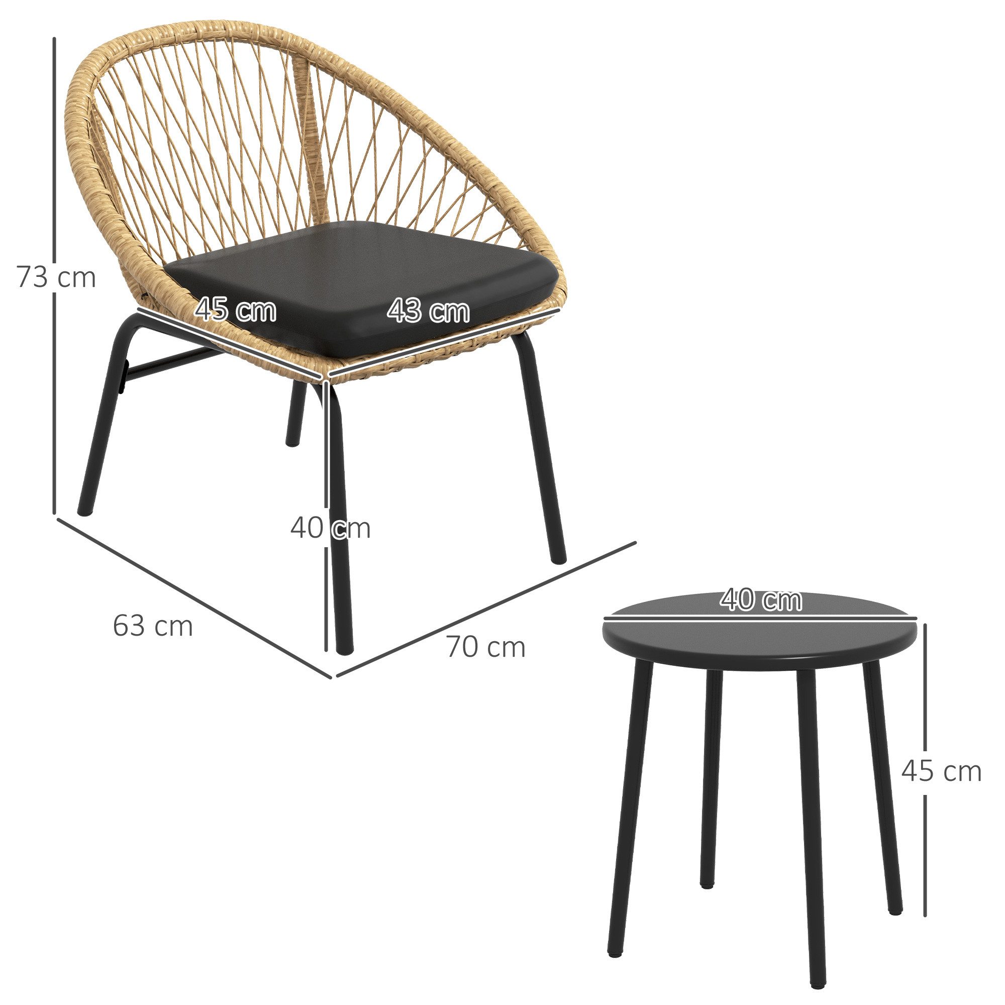 Outsunny Gartenlounge-Set 3-tlg. Rattan Gartenmöbel-Set Balkonmöbel-Set mit Couchtisch 2 Stühlen, (Sitzgarnitur, 3-tlg., Gartensitzgruppe), für Balkon, Terrasse, Polyester, Gelb