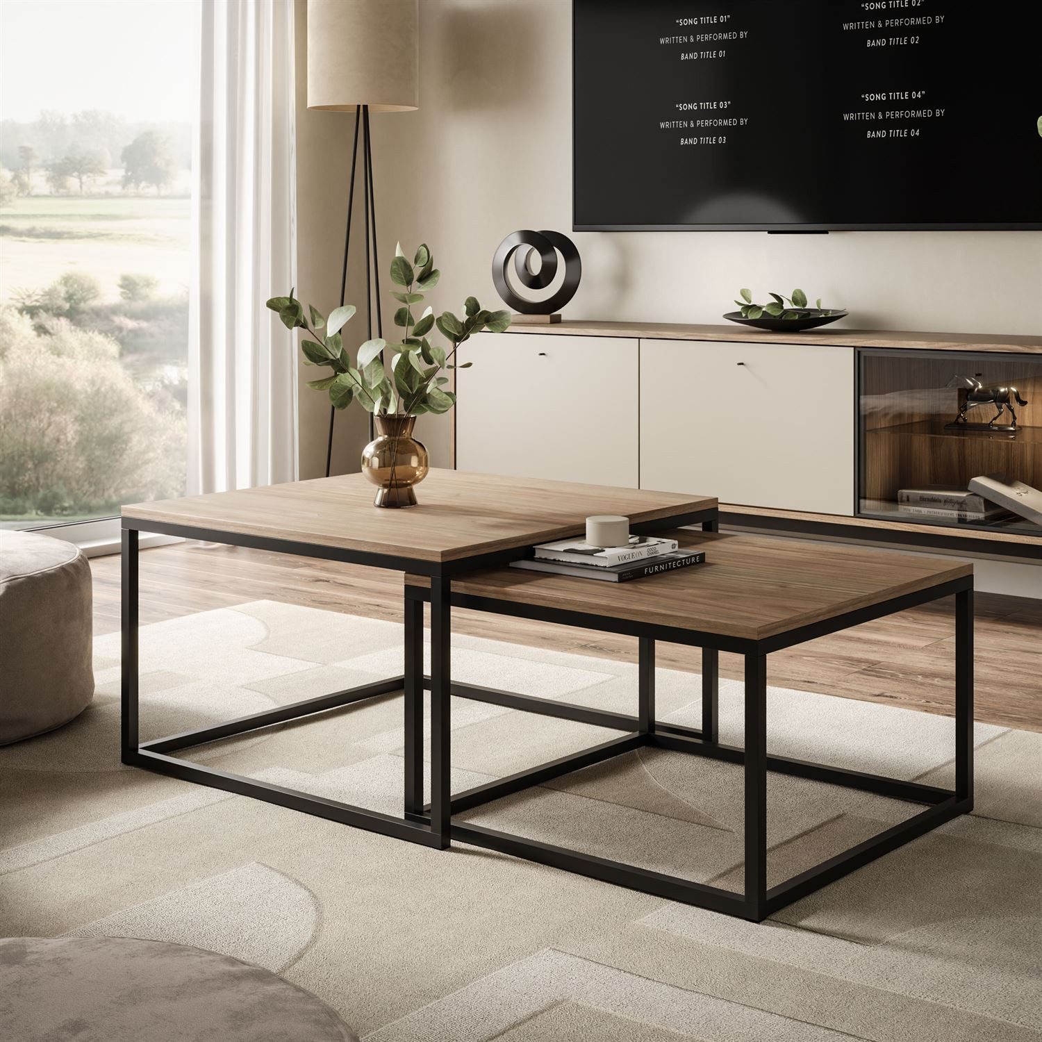 Lookway Couchtisch ISA 2in1 Couchtisch-Set mit schwarzem Gestell (2er Set), Breite: 70 cm und 60 cm