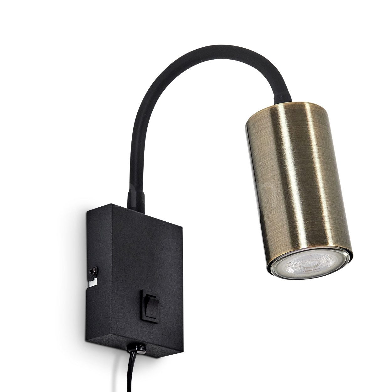 hofstein Wandleuchte »Gambellara« moderne Wandlampe aus Metall in Schwarz/Altmessingfarben, ohne Leuchtmittel, mit verstellbarem Lesearm und An-/Ausschalter, GU10