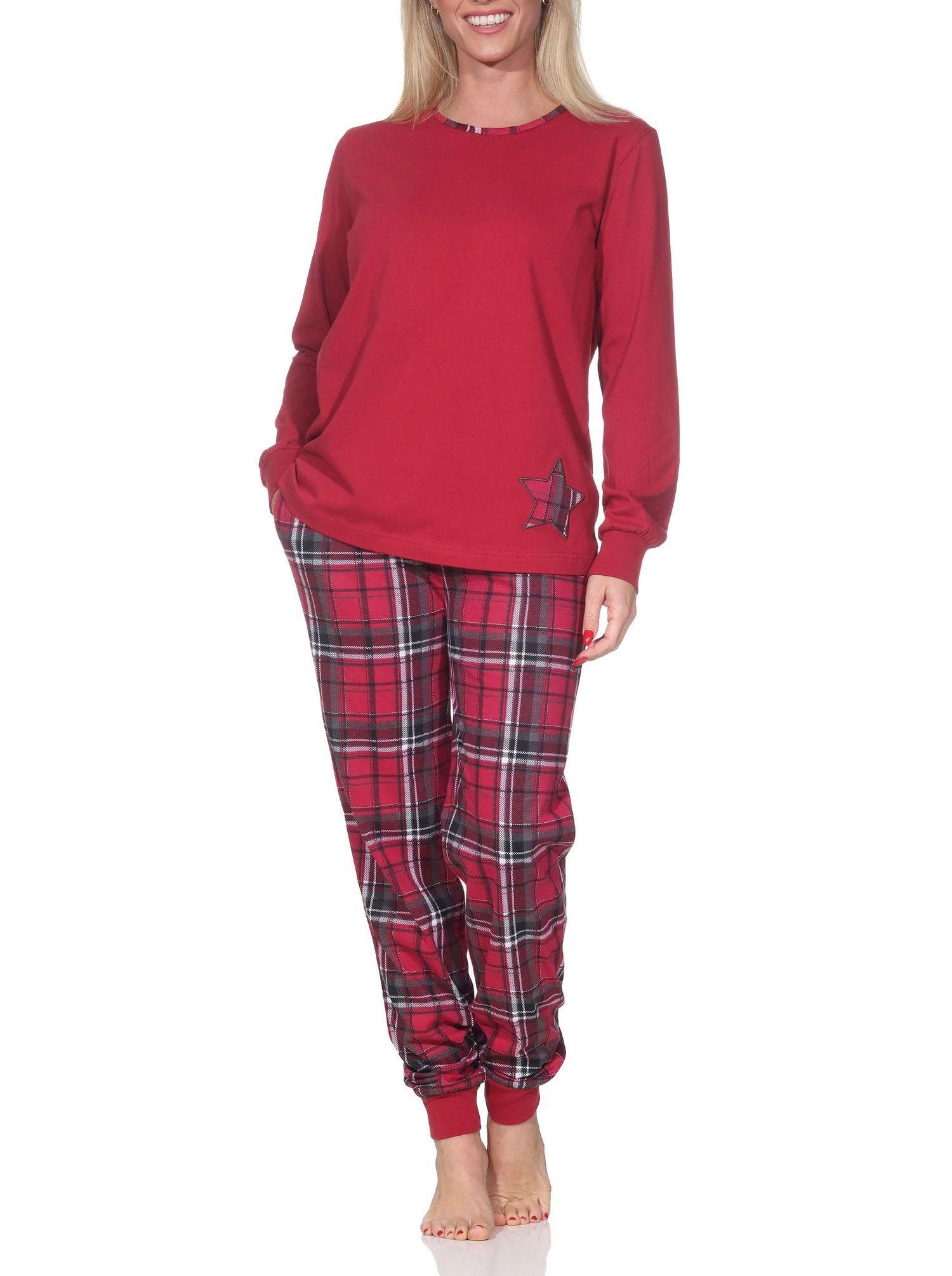 Pyjama Damen Schlafanzug mit Bündchen mit Karohose und Sterne Motiv
