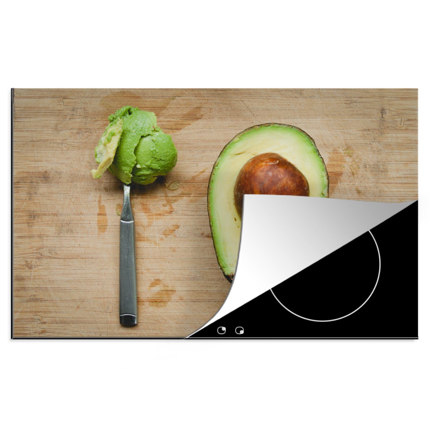 Avocado auf Schneidebrett mit cm, einem Vinyl, 81x52 die Ceranfeldabdeckung einem Schutz Löffel, Induktionskochfeld für (1 Herdblende-/Abdeckplatte küche, MuchoWow tlg),