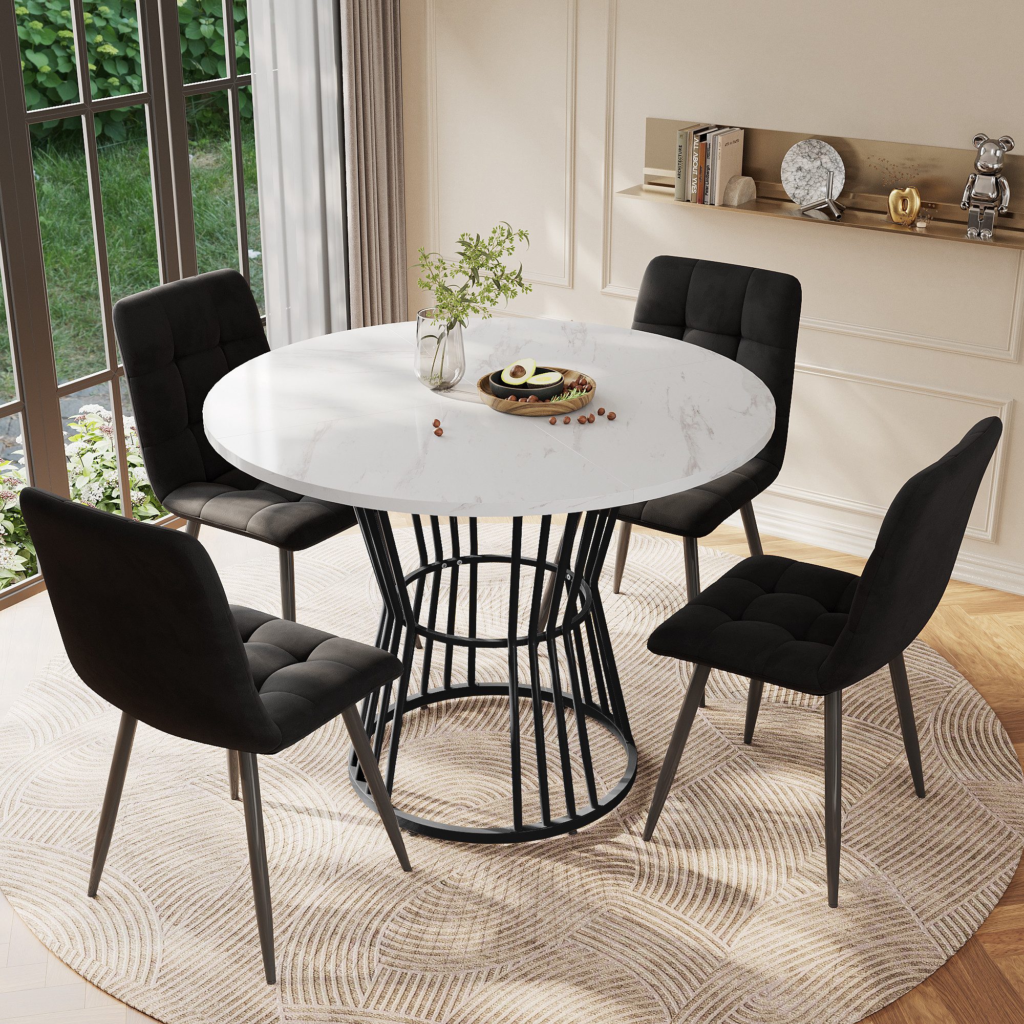 i@home Essgruppe Esstisch-Set, Esstisch mit 4 Stühlen, Küchentisch-Set, 100x100x75 cm, (5-tlg., 1 Tsich, 4 Stühle), runder Esstisch mit 100cm Durchmesser und schwarzen Metallbeinen