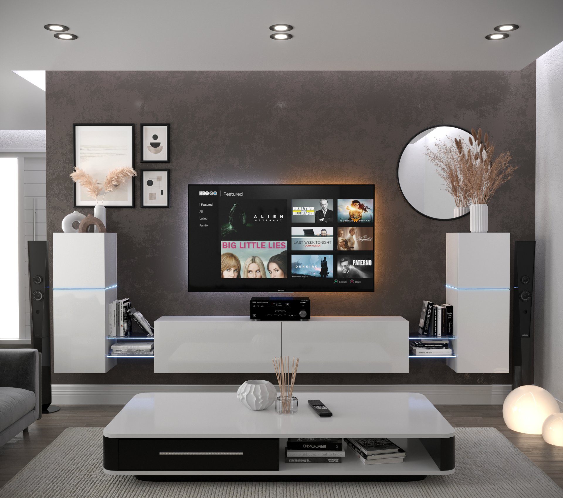 ROYAL24_MARKT Wohnwand - Moderne Wohnzimmer / Trendmaterialien für 2024 -, (Komplett Set, 8-St., Premium - AN104), Top Design - LED Beleuchtung - Neu