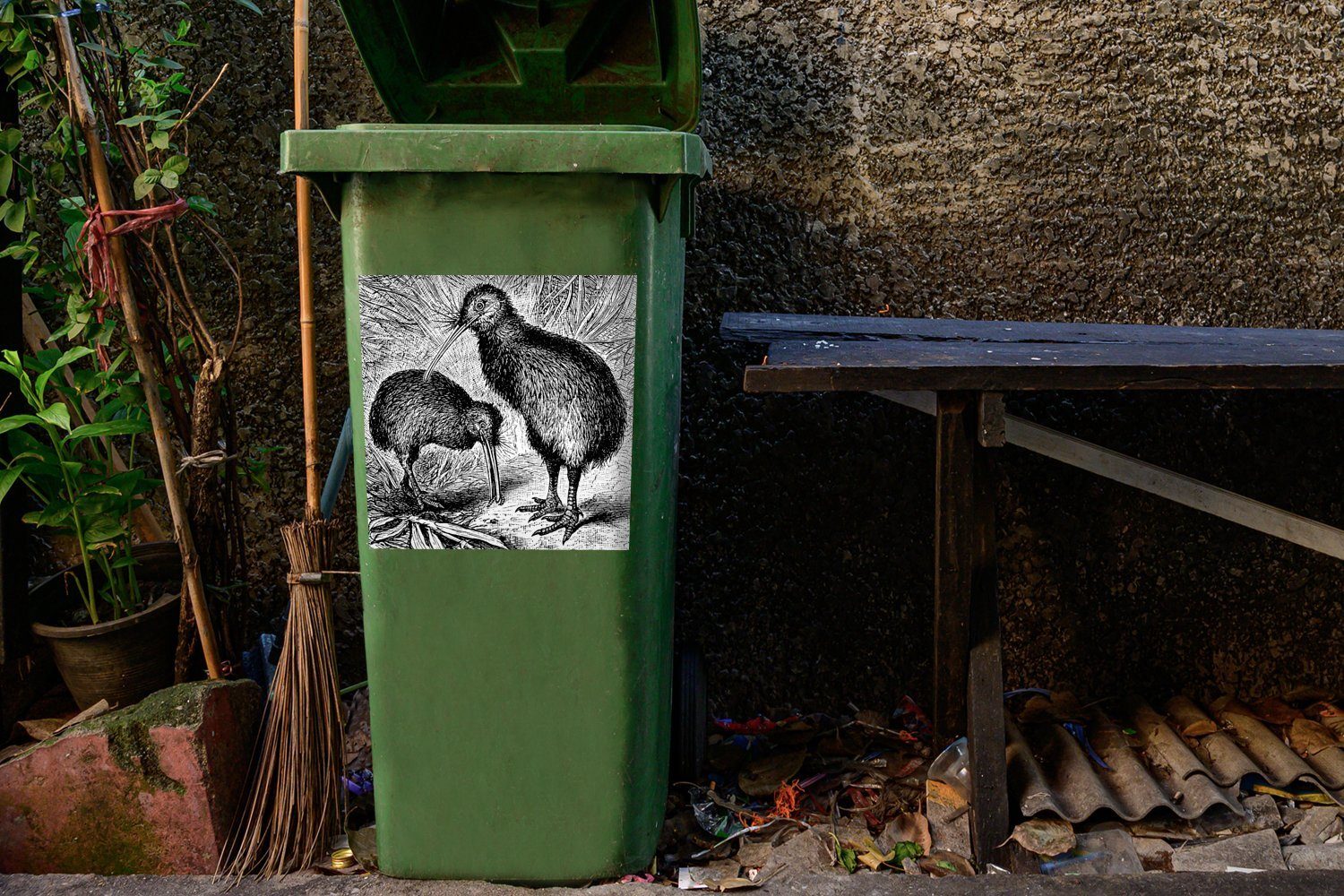 St), Abfalbehälter (1 Wandsticker Kiwi-Vögeln Sticker, Mülltonne, MuchoWow zwei Mülleimer-aufkleber, Container, von Schwarz-Weiß-Illustration