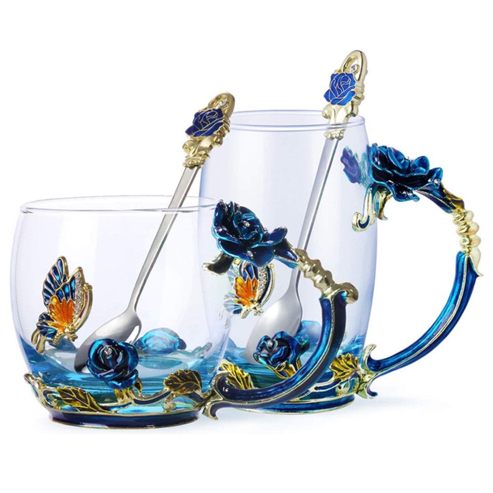 Teeglas Teetasse aus Glas Teetasse Kaffeetassen mit Blumengriff und Löffel