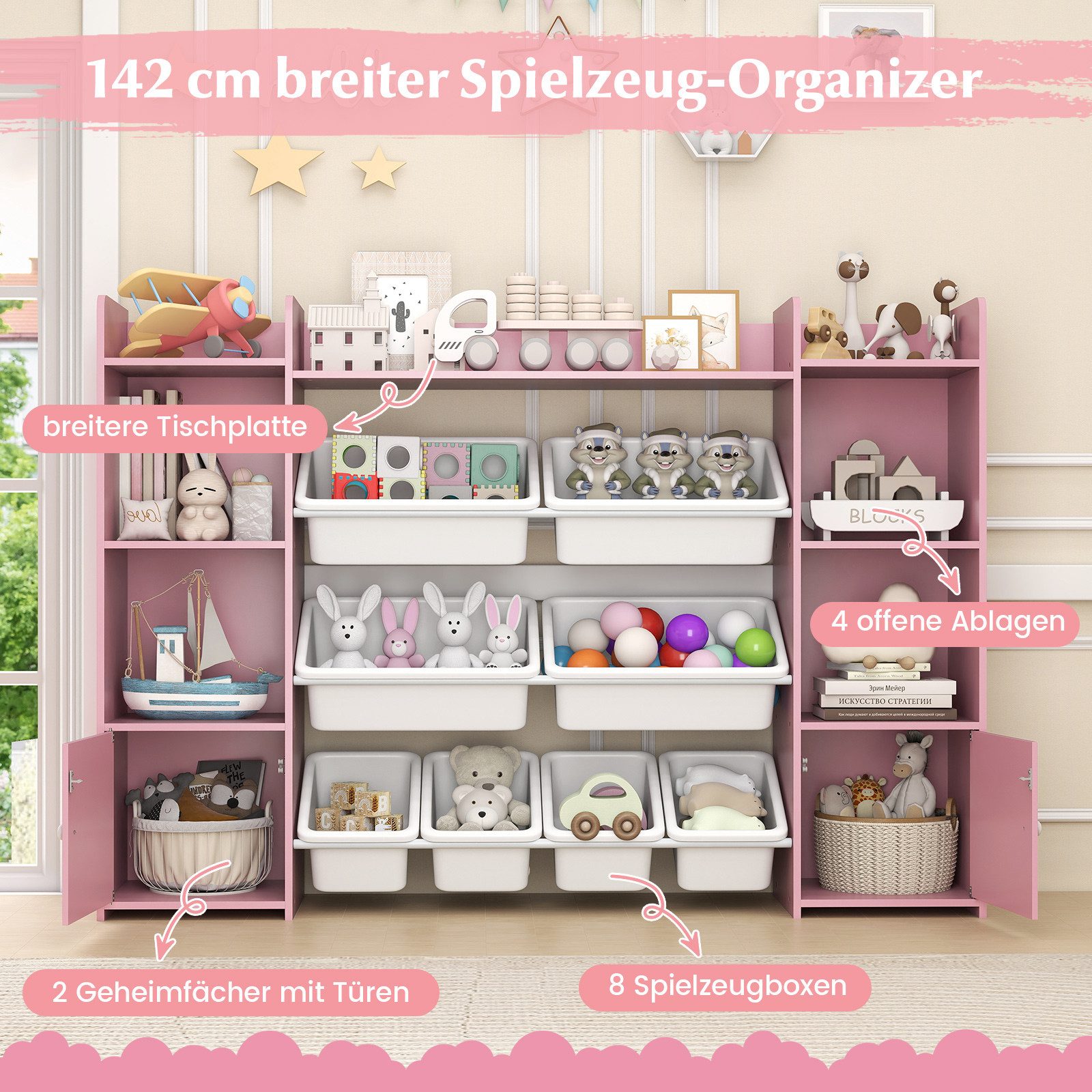 COSTWAY Kinderregal, 4-stöckiges Spielzeugregal mit 8 Boxen, Holz, rosa