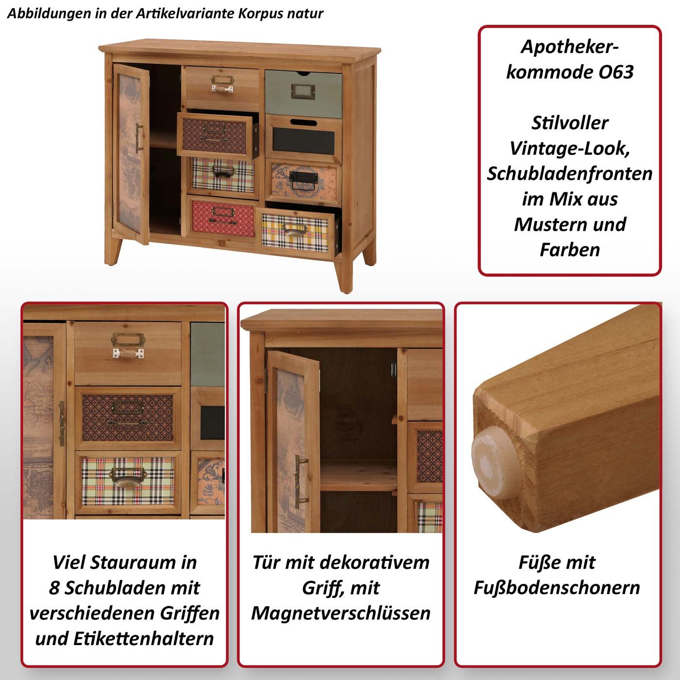 MCW Apothekerschrank MCW-O63-MU Schubladenfronten im Mix aus Mustern und Farben, mit Etikettenhaltern – Bild 4 von 5