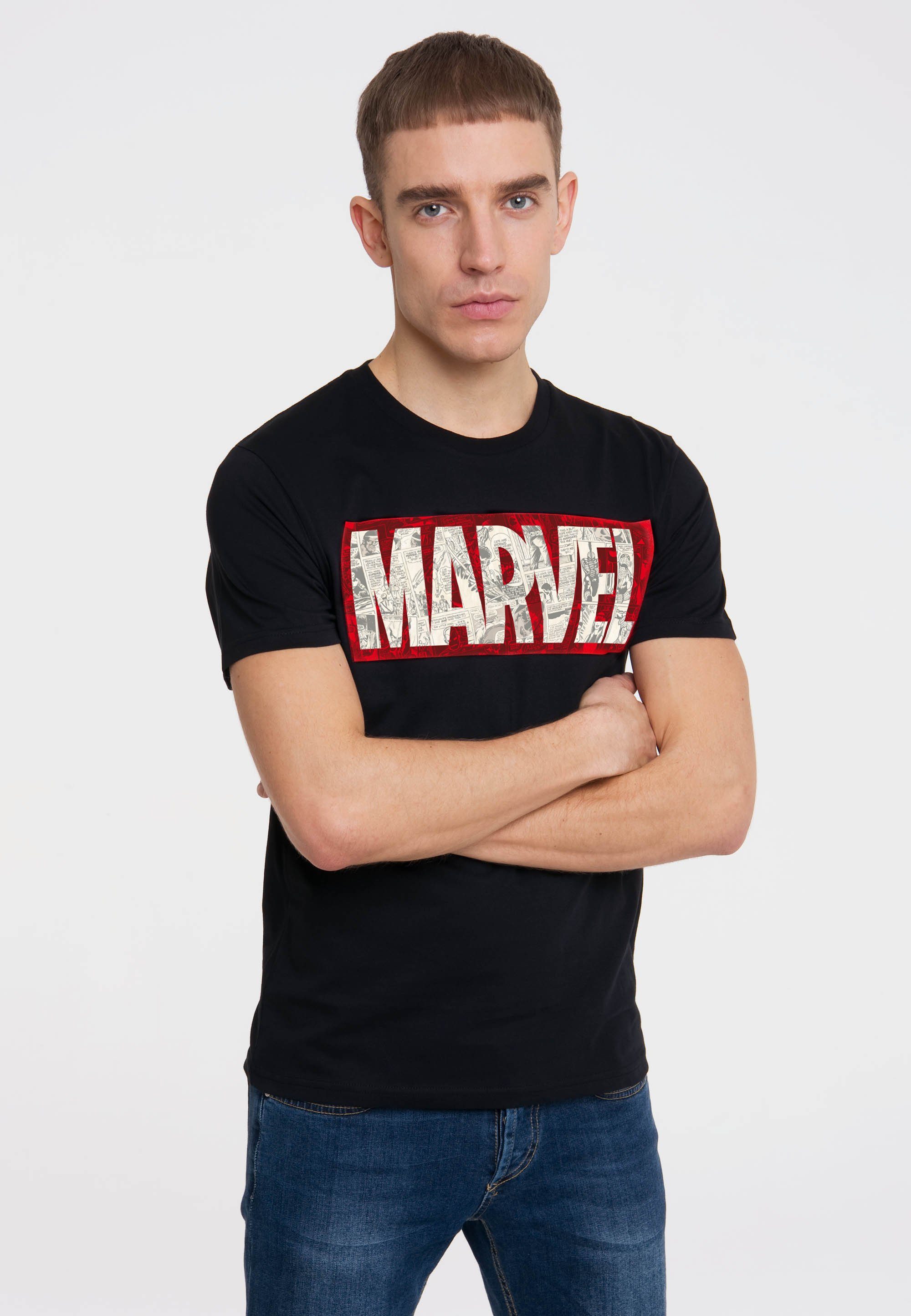 authentischem T-Shirt & Original-De mit LOGOSHIRT coolem Logo hoher Marvel Block Print, Qualität In Comic mit Design