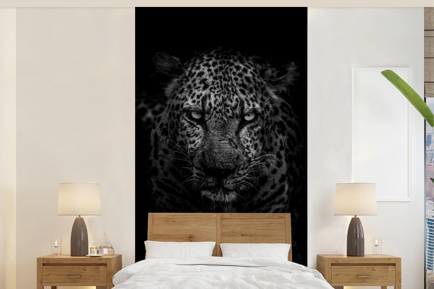 MuchoWow Fototapete Leopard - Schwarz - Weiß, Matt, bedruckt, (2 St), Vliestapete für Wohnzimmer Schlafzimmer Küche, Fototapete