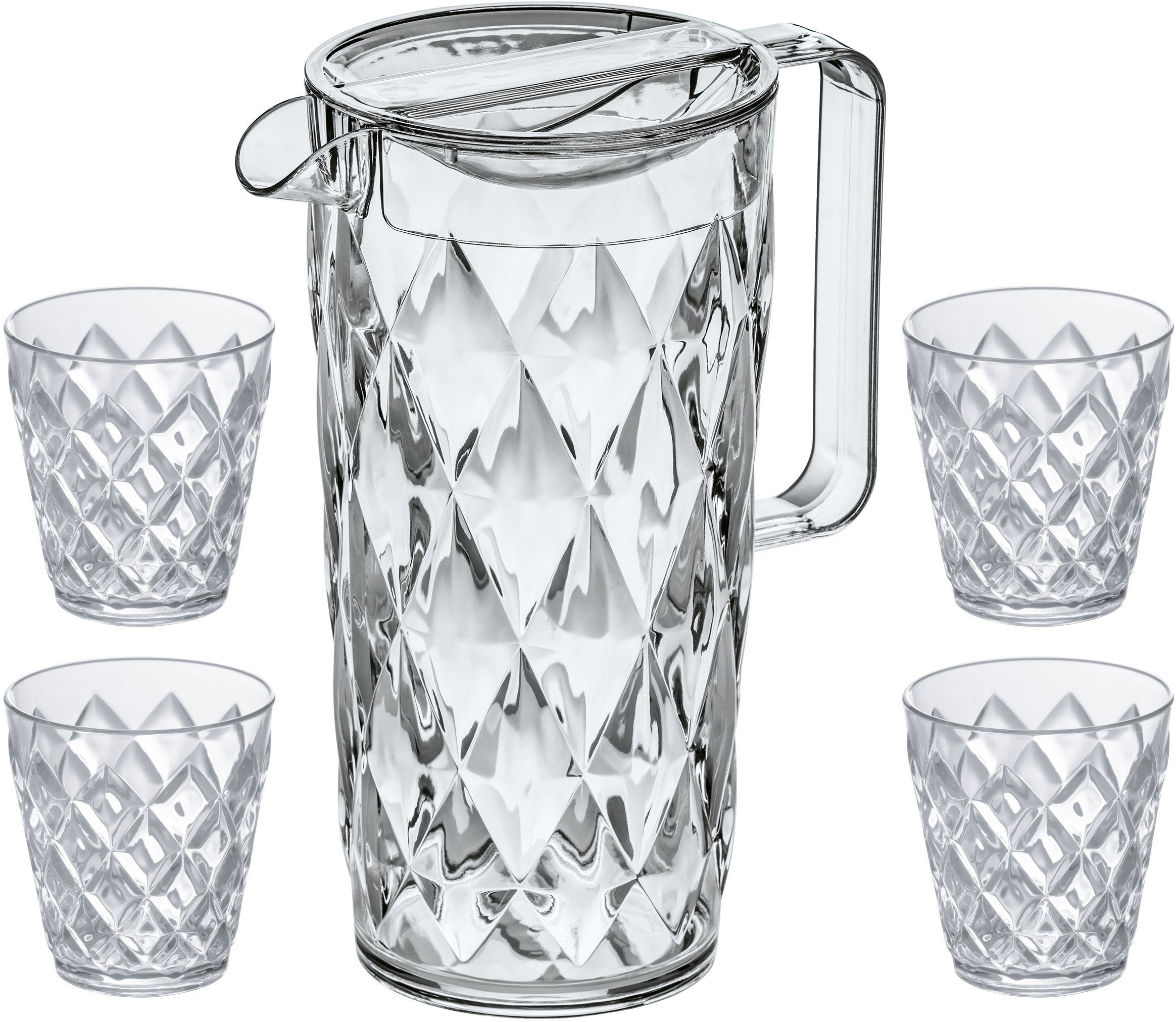 KOZIOL Kanne CRYSTAL, 1,6 l, (Set), spülmaschinenegeeignet, 100% recycelbar, 1 Kanne 1,6L+ 4 Becher 250ml