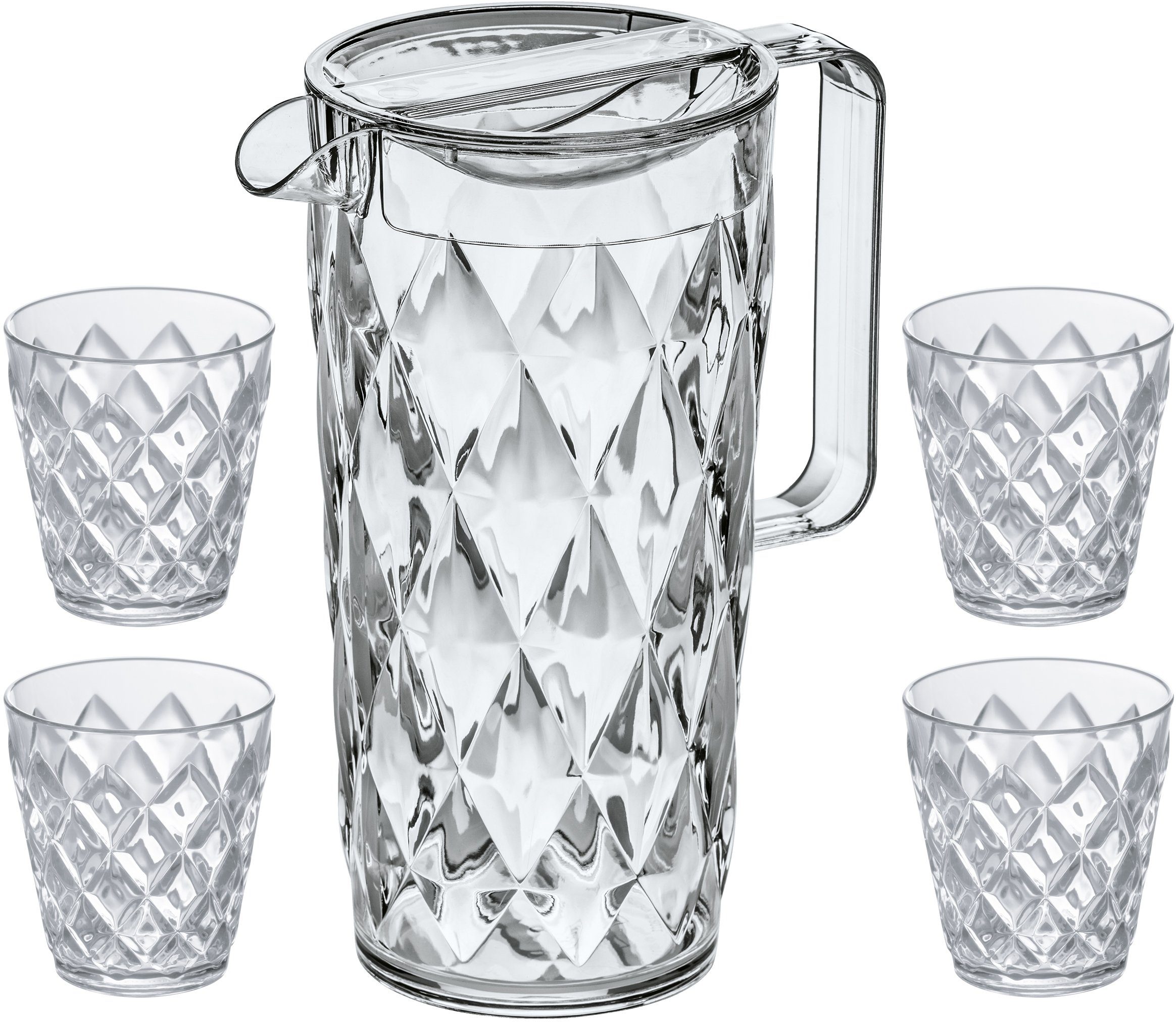KOZIOL Kanne CRYSTAL, 1,6 l, (Set, 5-St), spülmaschinenegeeignet, 100% recycelbar, 1 Kanne 1,6L+ 4 Becher 250ml