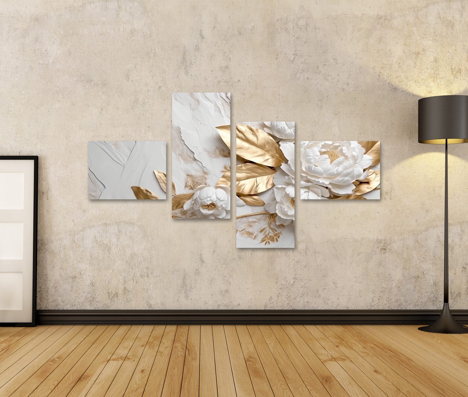 islandburner Leinwandbild Marmor Textur Weiß Gold Farben Goldene Blumen Lux günstig online kaufen