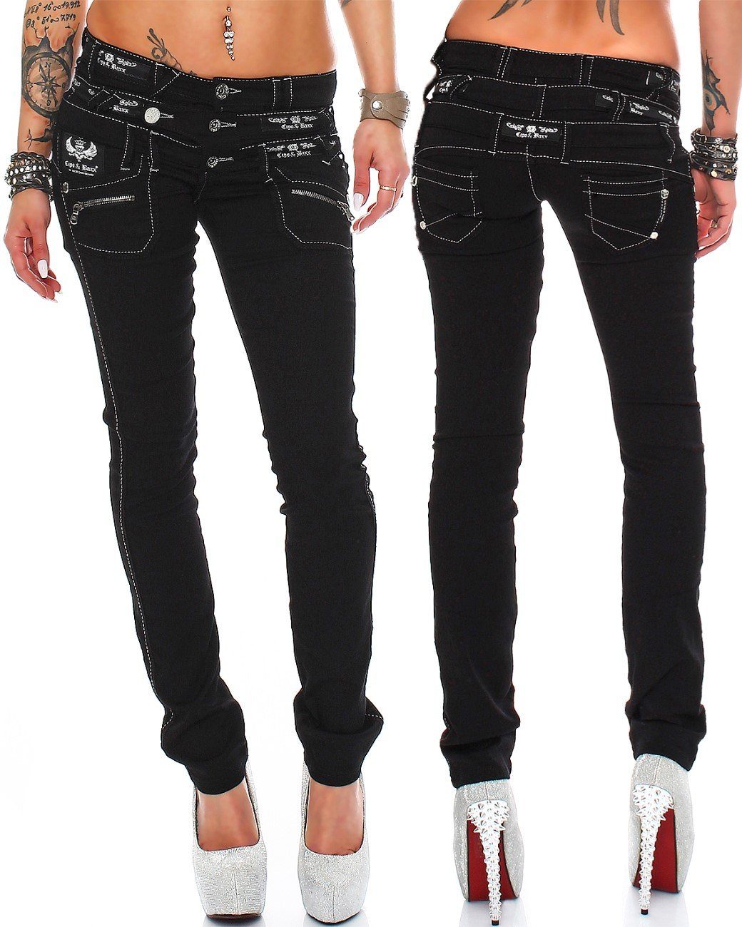 Cipo & Baxx Regular-fit-Jeans Damen Regular Fit Hose Mid Waist BA-CBW0313 (1-tlg) mehrfache Logos und aufgenähte Reißverschlüsse