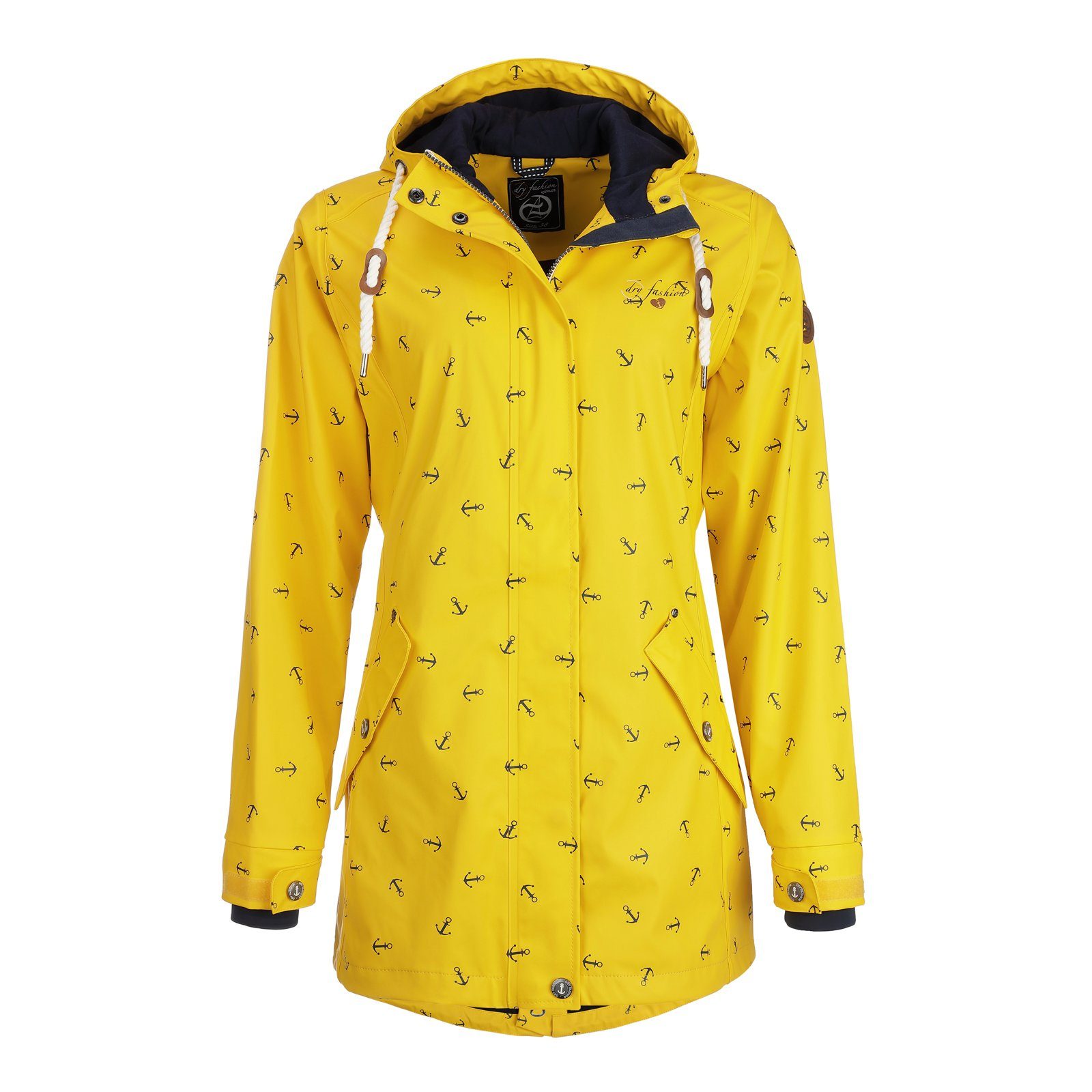 Dry Fashion Regenjacke Damen Regenmantel Cuxhaven Anker-Print - Jacke mit Kapuze wasserdicht gelb