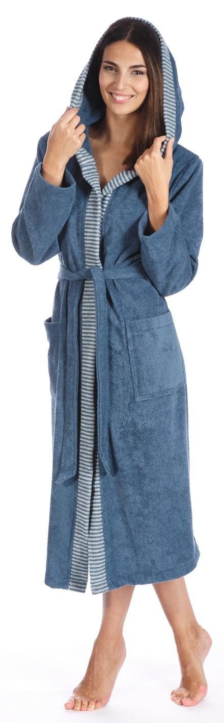 Egeria Damenbademantel Benny, ideal für Sauna & Spa, Hotelbademantel, Morgenmantel, Langform, Walkfrottee, Kapuze, Gürtel, mit Streifenbordüre