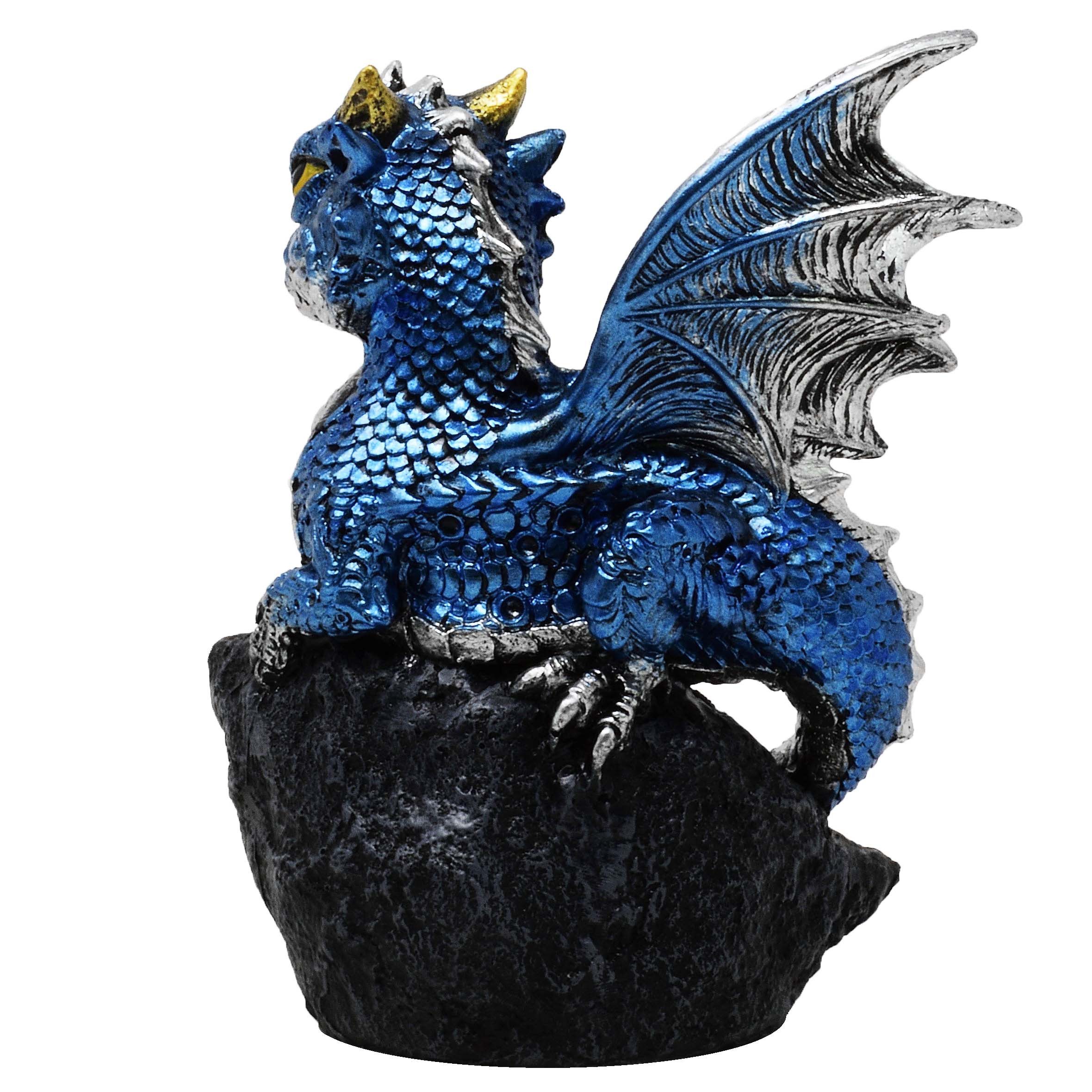 MystiCalls Fantasy-Figur Blauer Drache auf Kristallfels mit Dracheneier Drachenfigur Fantasy (1 St), Sammelfigur, Sammlerfigur, Designerfigur, Dekofigur, Dekorationsobjekt