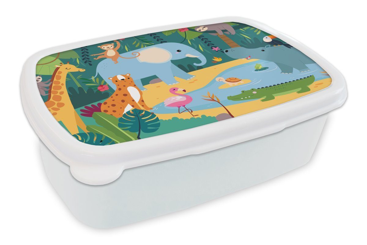 MuchoWow Lunchbox Dschungel - Design - Tiere - Kind, Kunststoff, (2-tlg), Brotbox für Kinder und Erwachsene, Brotdose, für Jungs und Mädchen weiß