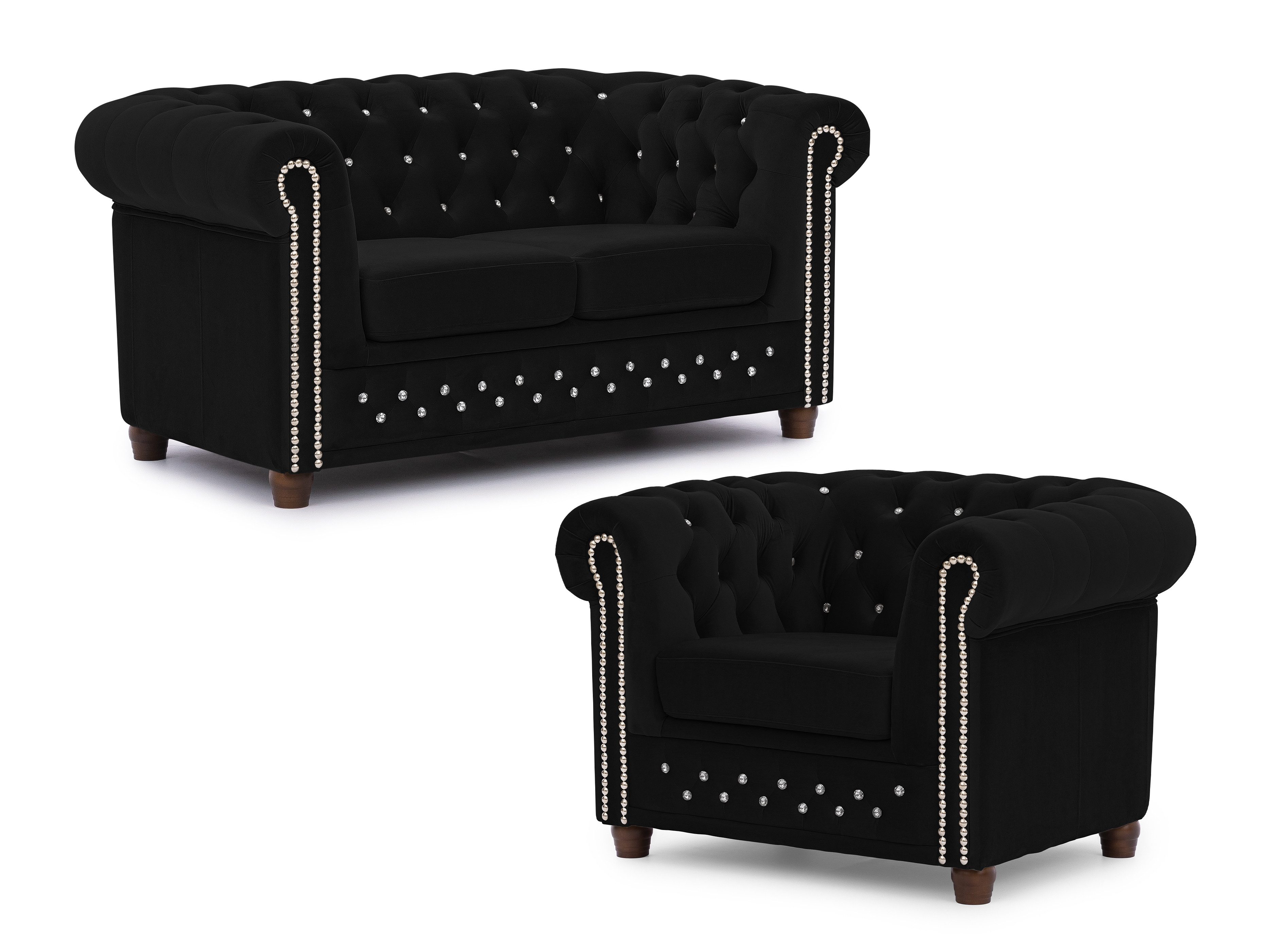 S-Style Möbel Polstergarnitur Chesterfield 2+1 Cleo Blink aus Samt mit Kristallsteppung, (1x 2-Sitzer-Sofa, 1x Sessel), mit Wellenfederung