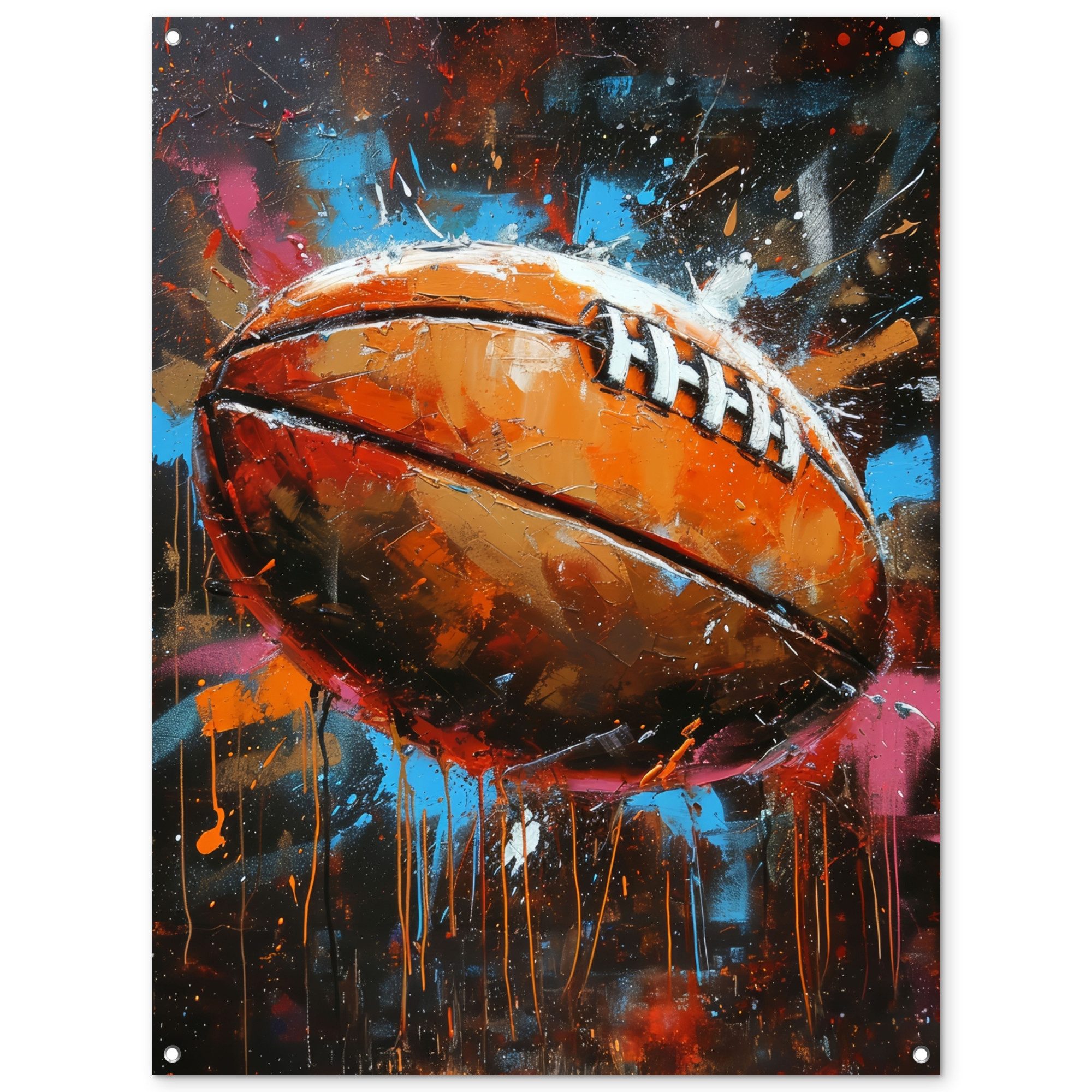OnlyWow Poster für Garten Graffiti - Rugby - Farbenfroh - Rugbyball, Gartenposter, Outdoor Bilder, Gartendeko für draußen, 90x120 cm