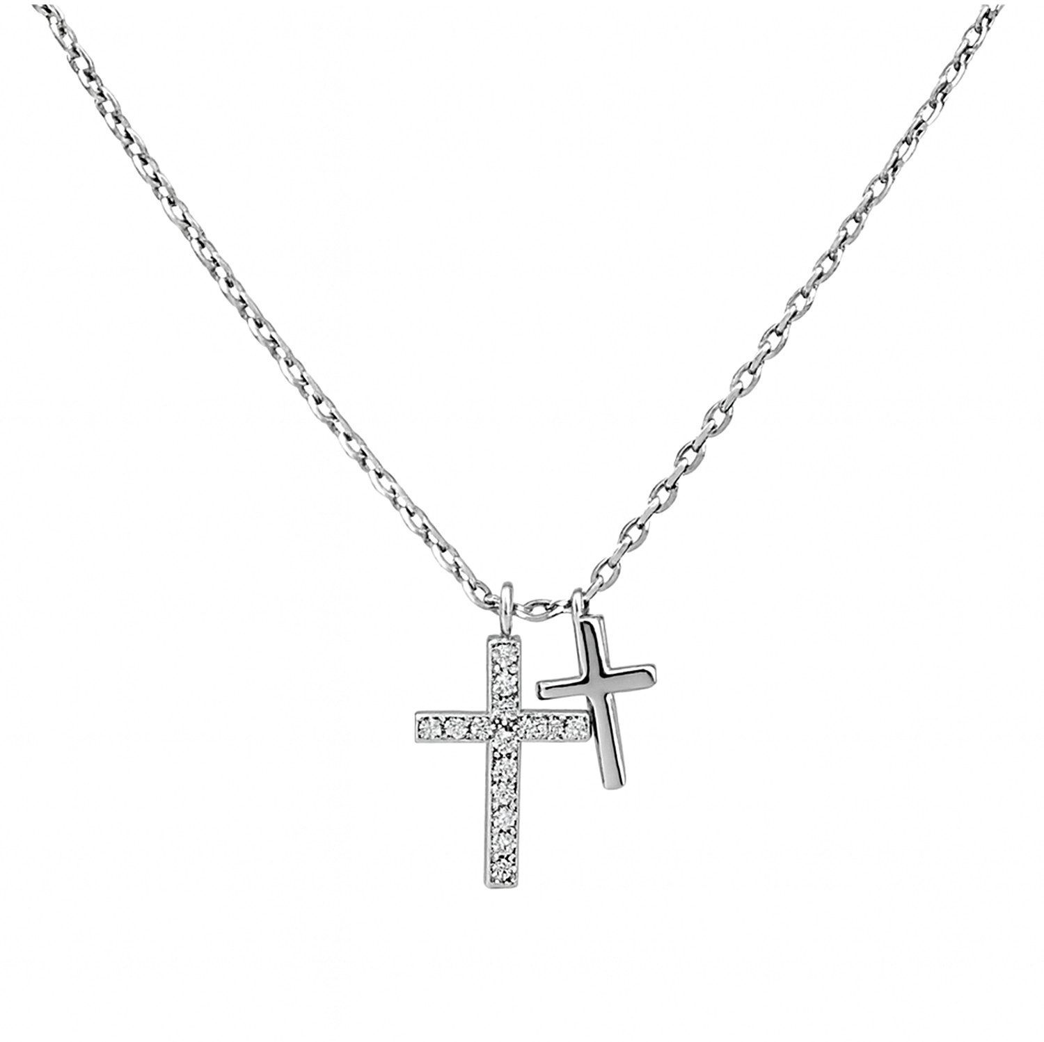 Kette mit Anhänger Doppelkreuz-Kette 925 Silber rhodiniert mit Zirkonia – 42+3 cm