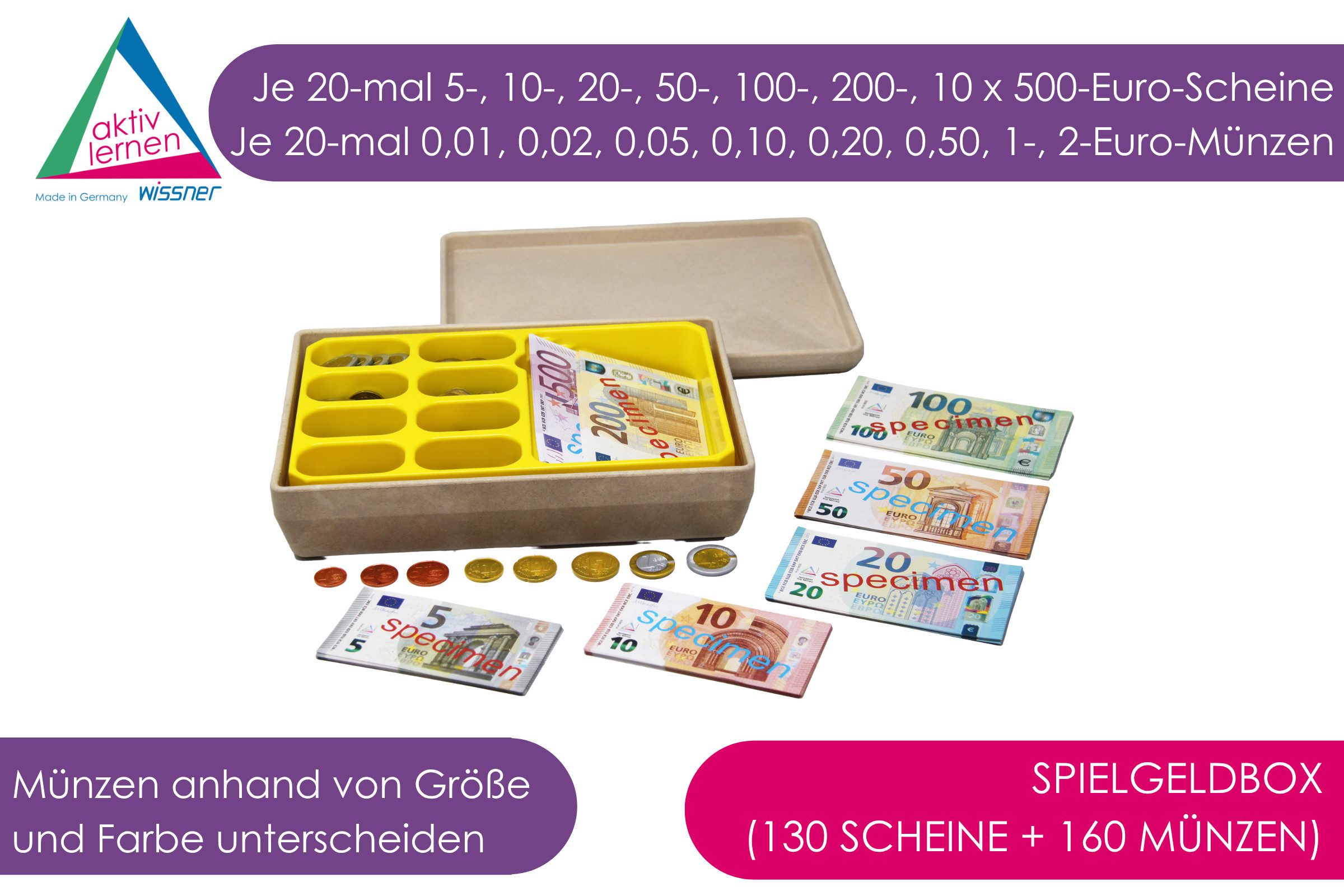 Wissner® aktiv lernen Lernspielzeug Spielgeldbox 130 Scheine + 160 Münzen (290-St)