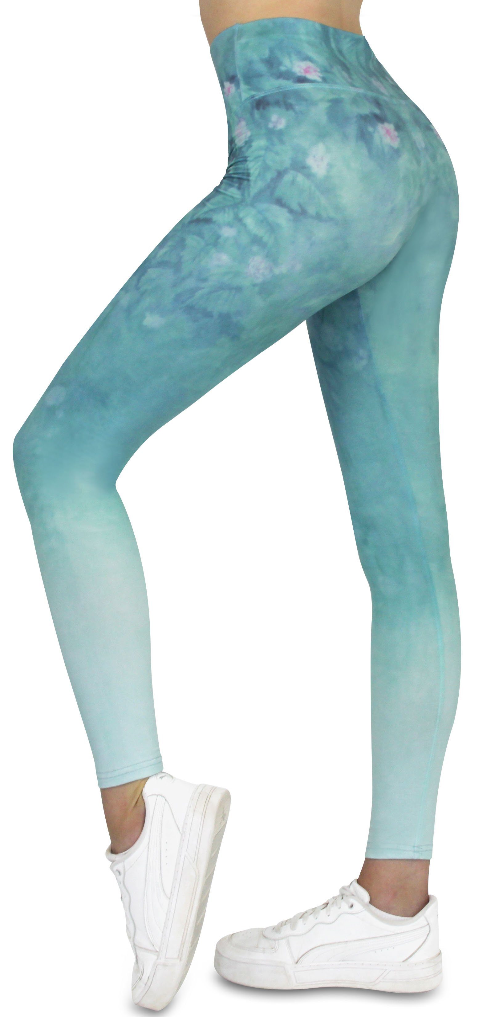 hohem Blumen Hose Yoga Waist, Komfort Frentree Leggings, High mit Lange Leggings Sport Laufhose in für Blau Damen, Farben, vielen