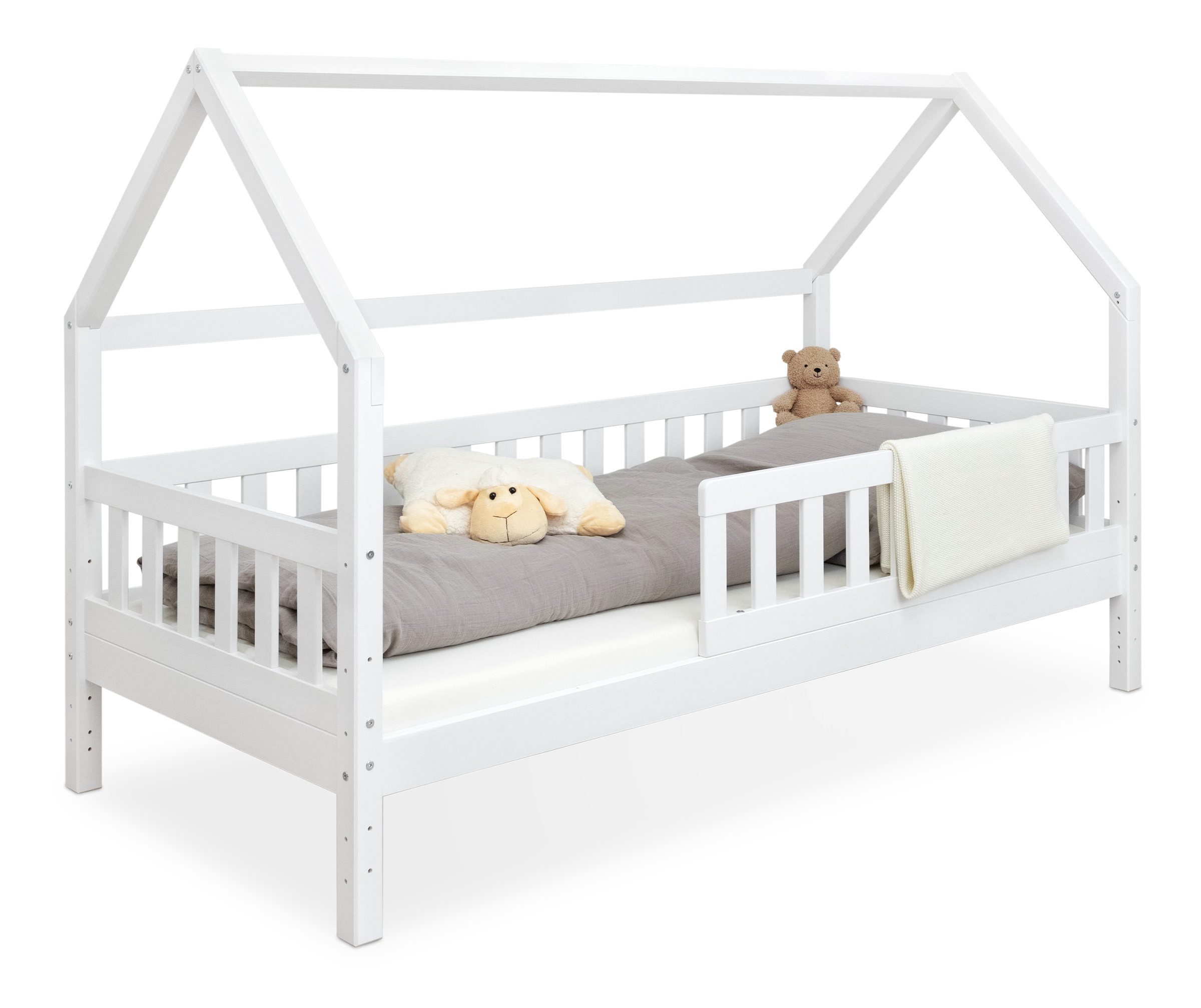 Ehrenkind Hausbett Lille aus massivem Kiefernholz (mit abnehmbarem Rausfallschutz aus massivem Holz, Erhältlich in Natur und Weiß Kinderbett 80x160/90x200 cm), höhenverstellbar, nachhaltiges Kiefernholz, hergestellt in Europa