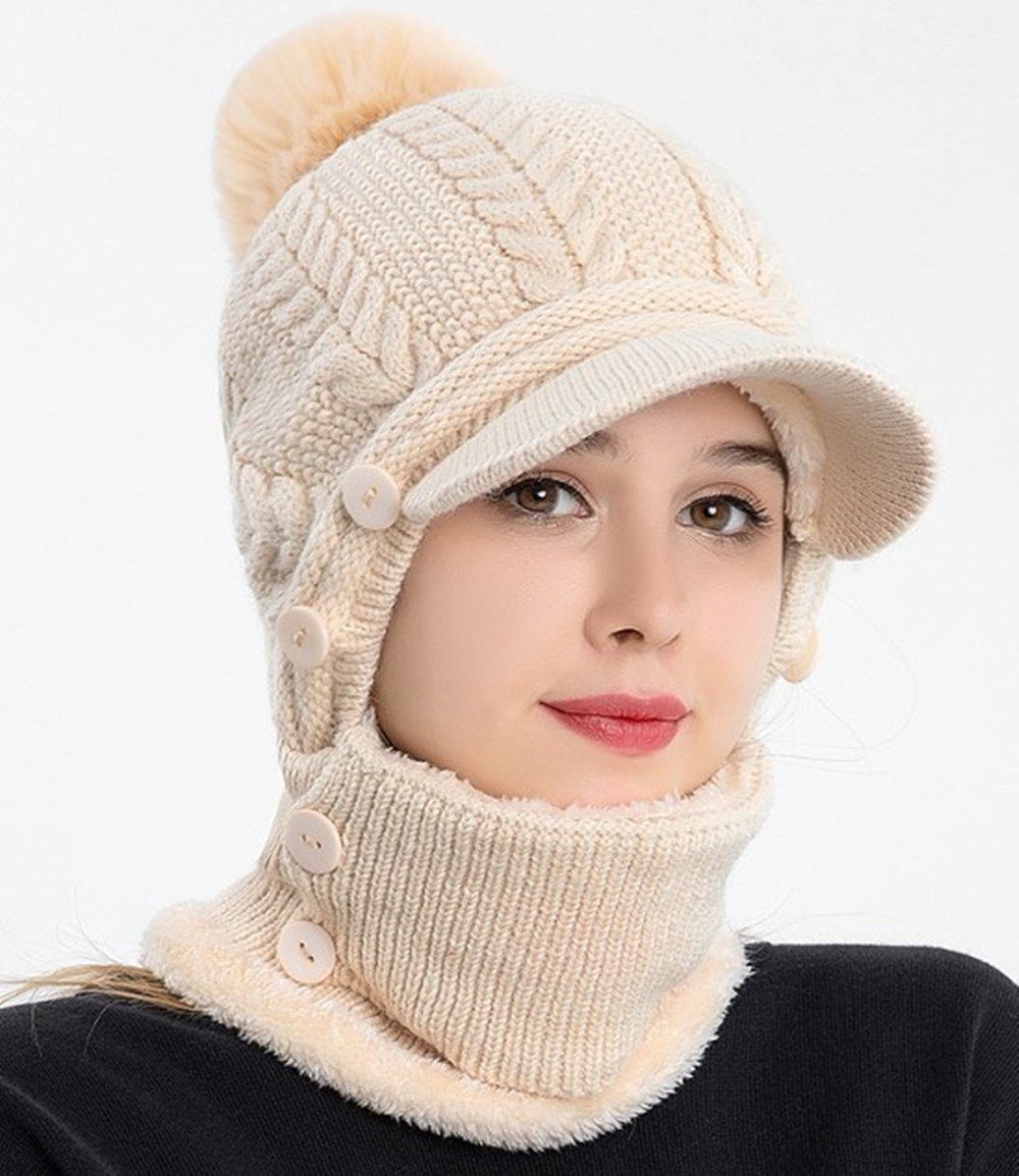 XDeer Strickmütze Damen Wintermütze mit Schirm Fleece Gefüttert Strickmützen 3 In 1 Verstellbarer Gesichtsschutz für Damen beige | Strickmützen